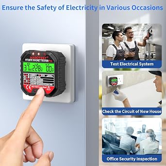 Socket Tester RCD Plug Outlet Tester UK, Electrical Receptacle Detector with LCD Display, 90-250V Power Socket Automatic Electric Circuit Polarity Breaker Finder (HT107E)