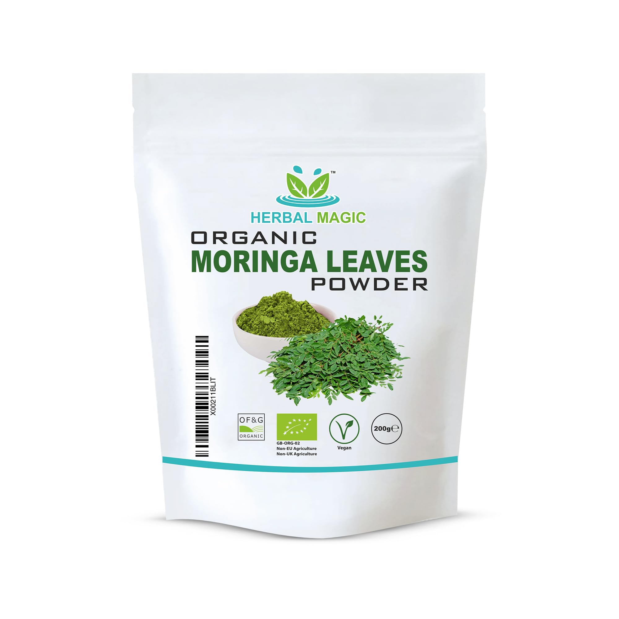 Herbal Magic's Organic Moringa Leaf Powder Raw and Pure Whole Leaves, Green Superfood for Smoothies, Shakes, Baking, Free from Fillers & Preservatives. of&G UK Organic Certified 200g (Pack of 1)
