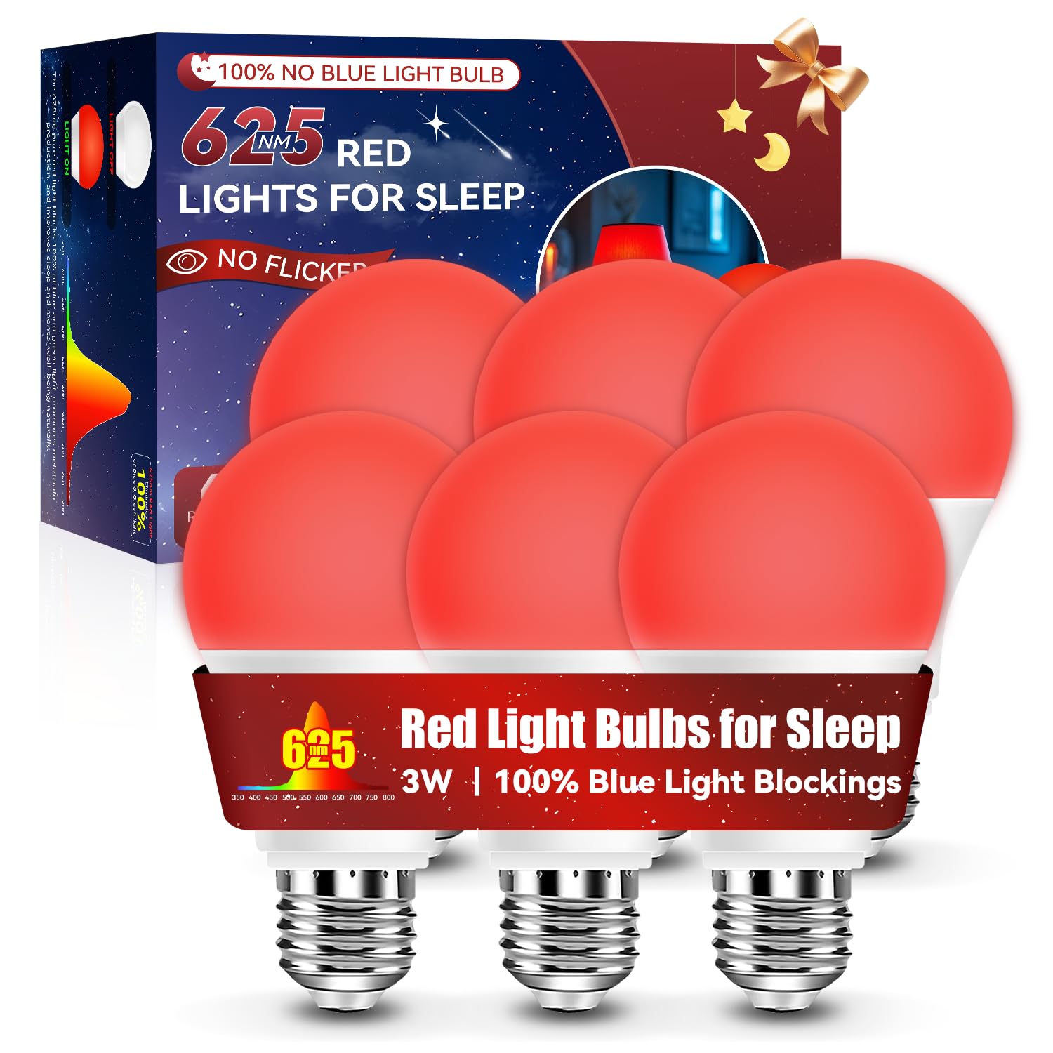 Neporal 625nm Red Light Bulbs for Sleep 3W, 100% Blue Light Blocking Light Bulbs for Melatonin Promoting, A19 LED 40W Equivalent Soft Red Night Light Bulb for Baby Nursery, Sleeping, Reading, 6-Pack