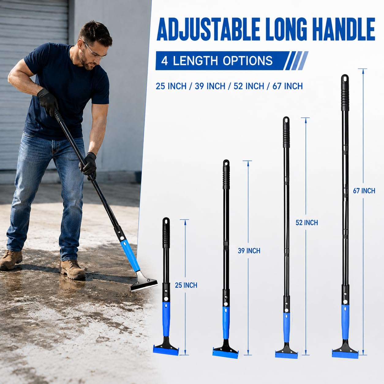 Raschietto per pavimenti resistente, manico regolabile a 4 sezioni da 170,2 cm, lama da 10,2 cm, 10 lame + guanti, rimuove vernice/gomma/colla/adesivi da vetro, piastrelle, pareti, linoleum, stufe
