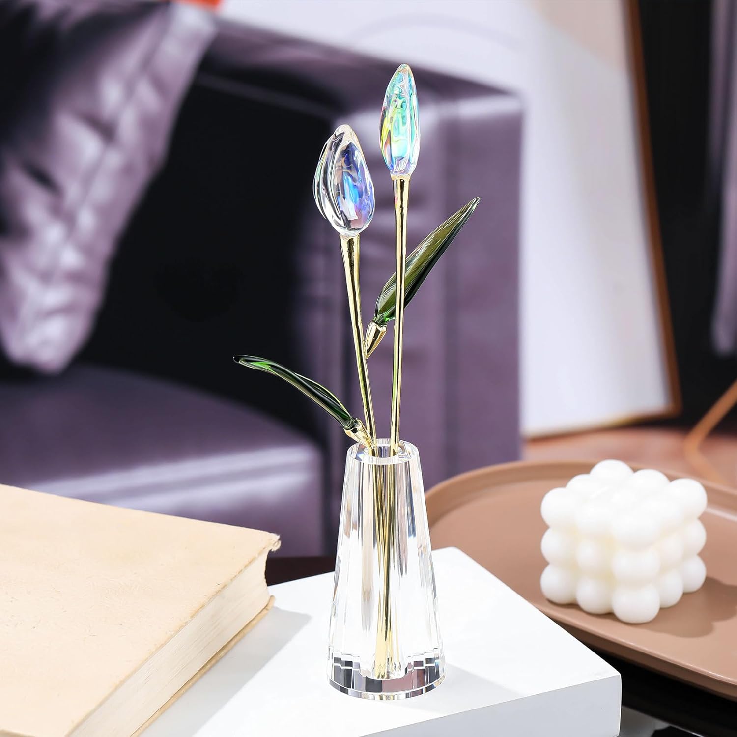 Movdyka Clear Crystal Tulips in Vase - Elegant Glass Tulips Flowers Home Decor for Mom Wife, Present for Women on Anniversary Birthday Wedding - Image 2