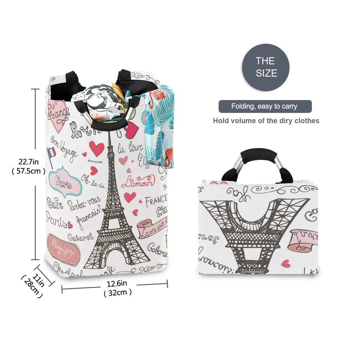 Romantic Paris Eiffel Tower Laundry Basket - Collapsible Oxford Cloth Hamper, 15.7" X 20"