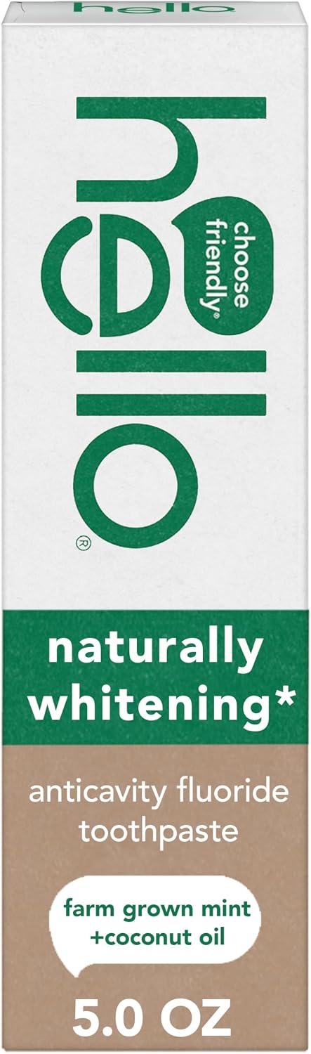 Hello Naturally Whitening Anticavity Fluoride Toothpaste, 5 Oz Tube, Natural Whitening Toothpaste with Coconut Oil, Whitens Naturally and Helps Remove Surface Stains, SLS Free, Vegan, Mint