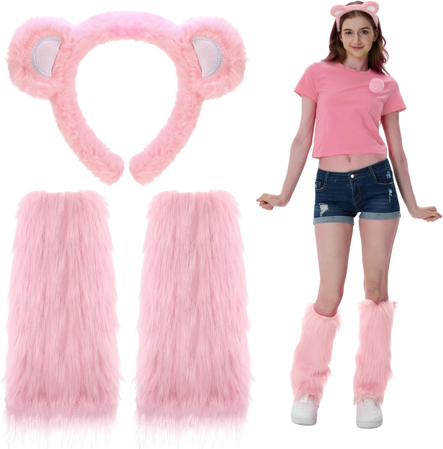 2pcs Halloween Costume Accessory | Rabbit Ear Headband, Bunny White Plush Faux Fur Leg Warmer for Women Costume Cosplay Party