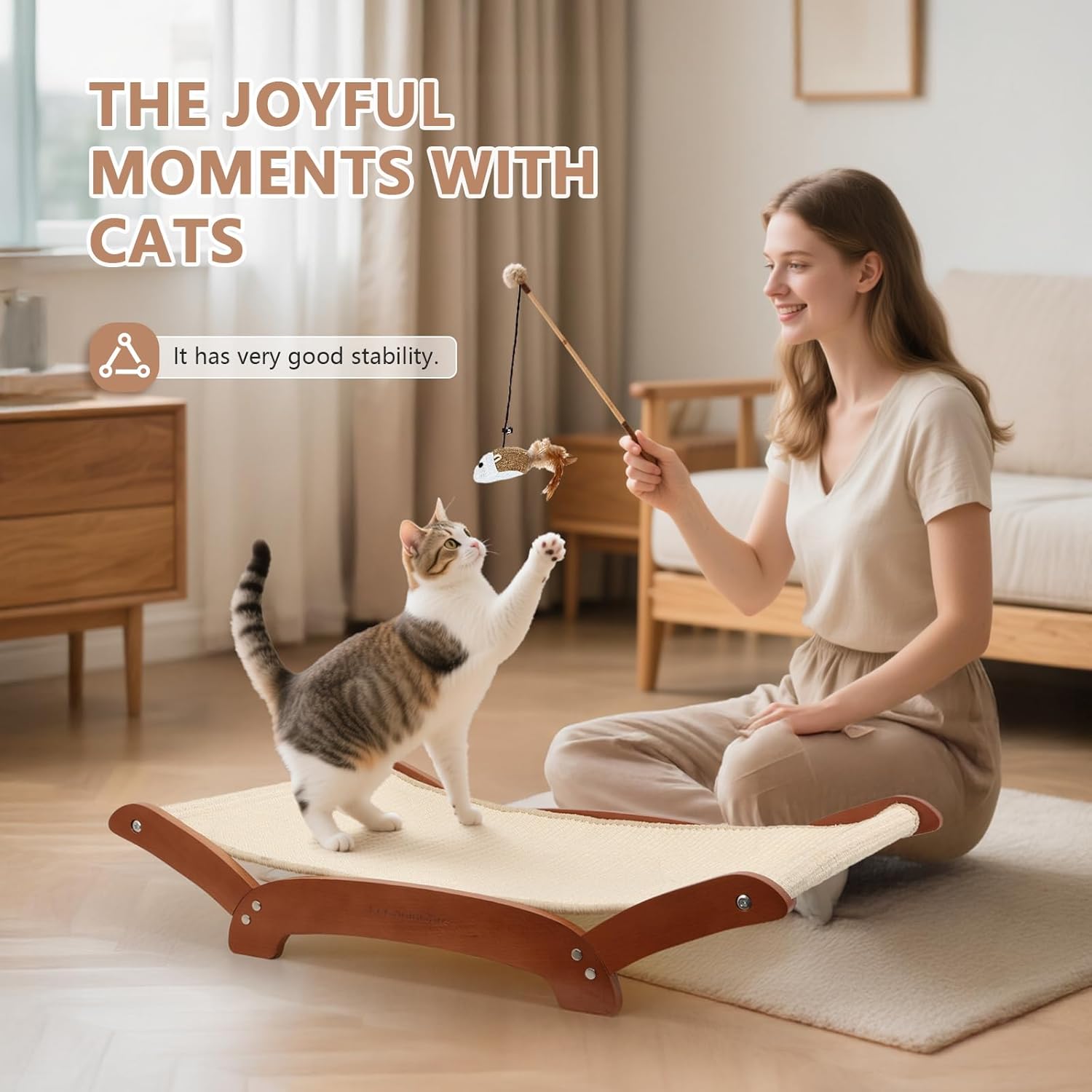 Upgraded Extra-Large Cat Scratcher Bed, Sisal Cat Scratchers Lounger for Indoor Cats Hammock Stand, Durable & Sturdy Scratch Pad Natural Sisal Cats Scratching Post (Cherry Wood)