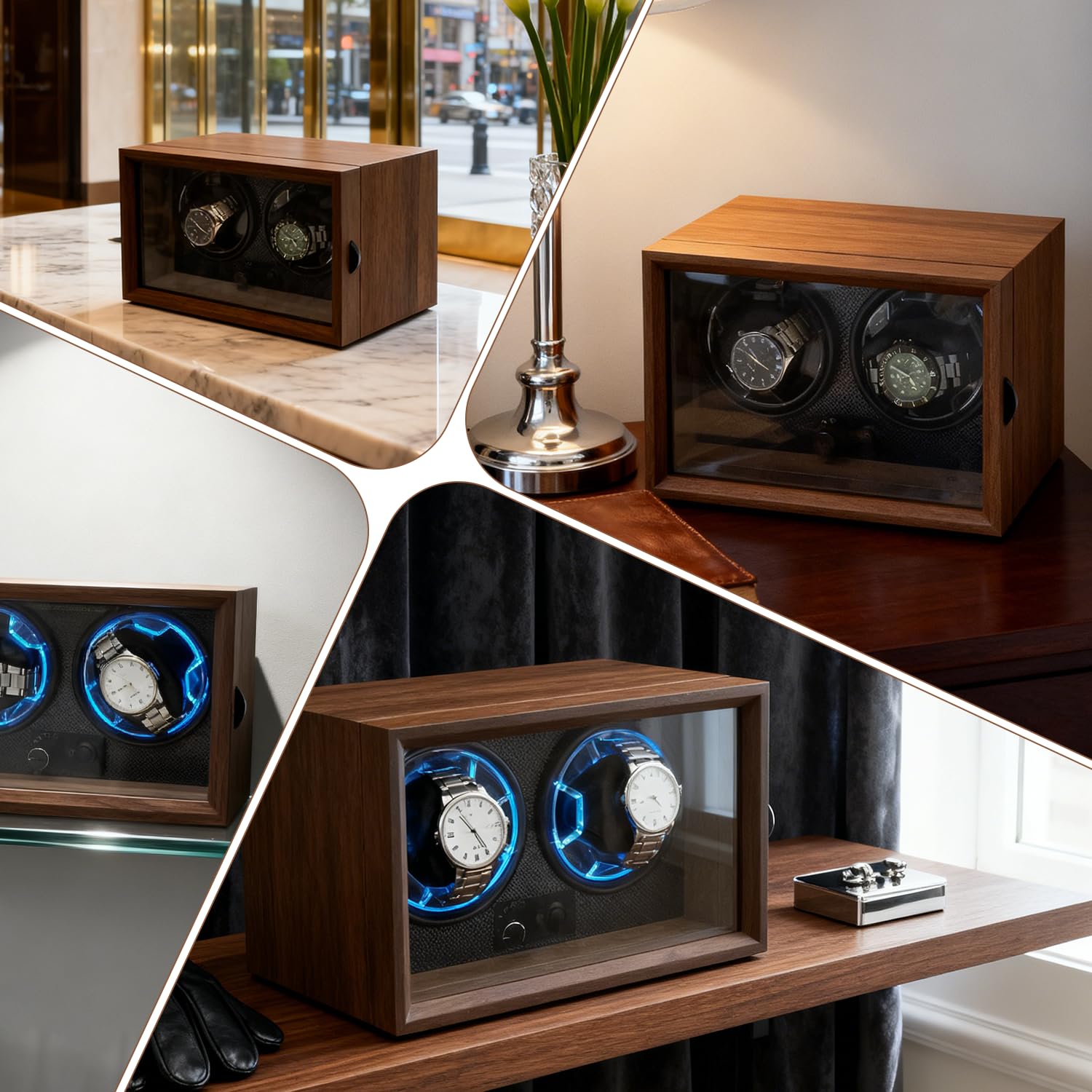 Automatik Uhrenbeweger 2 Uhren, Doppel Uhrenbeweger für Automatikuhren, Watch Winder Box mit 4 Wickelschwingmodi Einstellung und Blau Beleuchtung, Automatische Uhrendreher für Herren und Damen