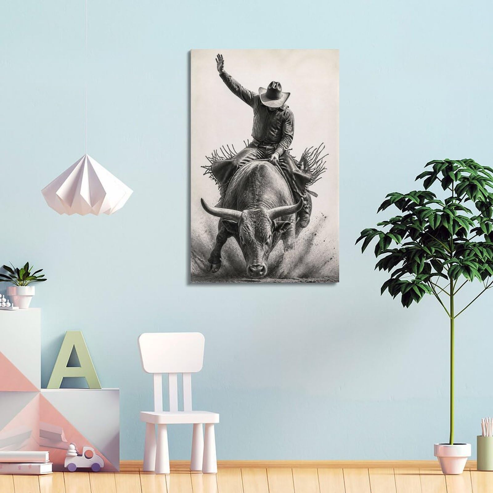 OKAHYS Impression sur toile haut de gamme - Impression sur toile - Motif rodéo Bull Rider - Action rapprochée - Style western moderne - Décoration murale idéale pour famille, cave, salle de jeux