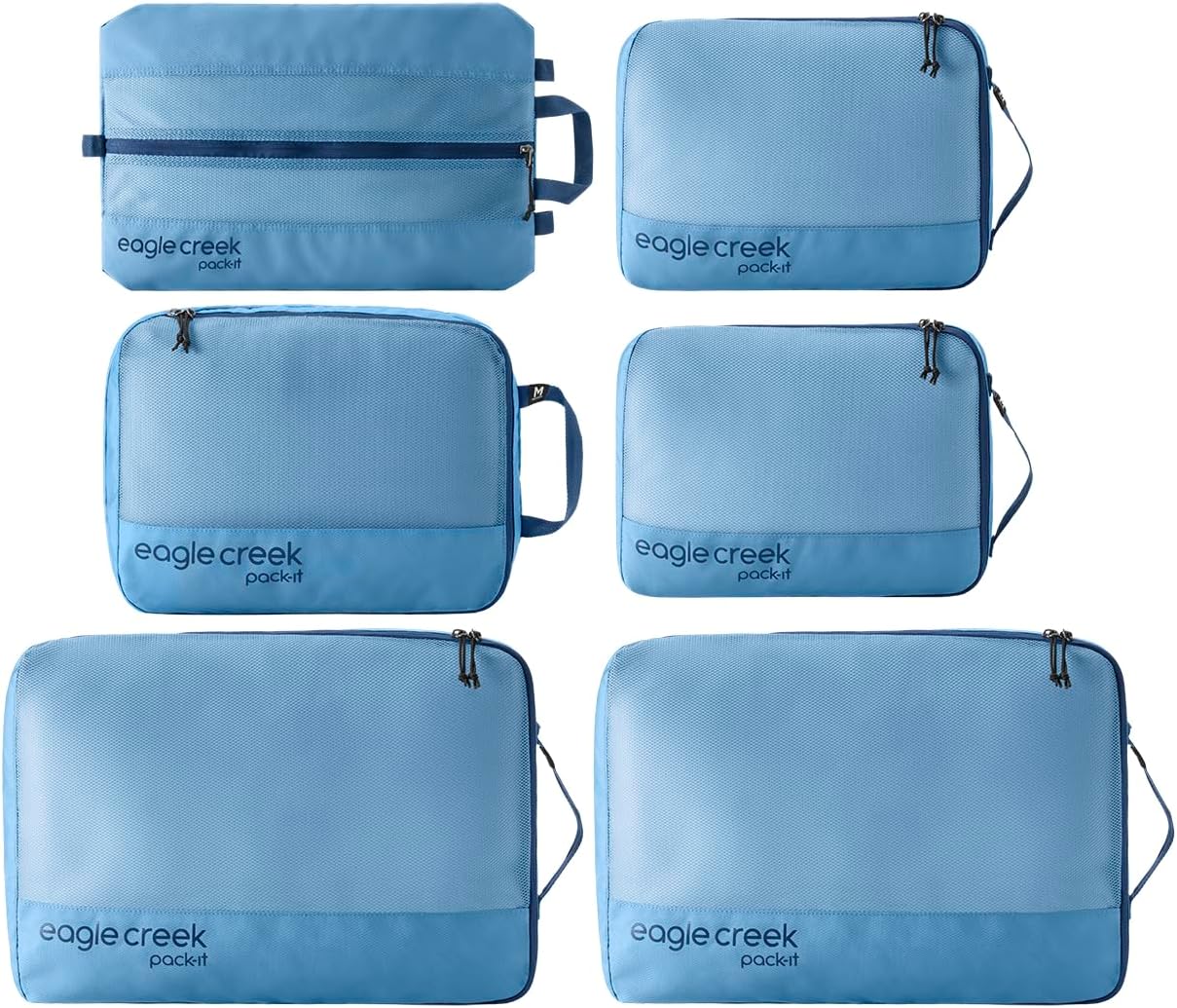 Eagle Creek Pack-It Reveal Extended Stay Set - Compression Travel Packing Cubes Set - Eco-Friendly - Quick-Drying, Water-Resistant Fabric - Pack of 6 - Blue Dawn