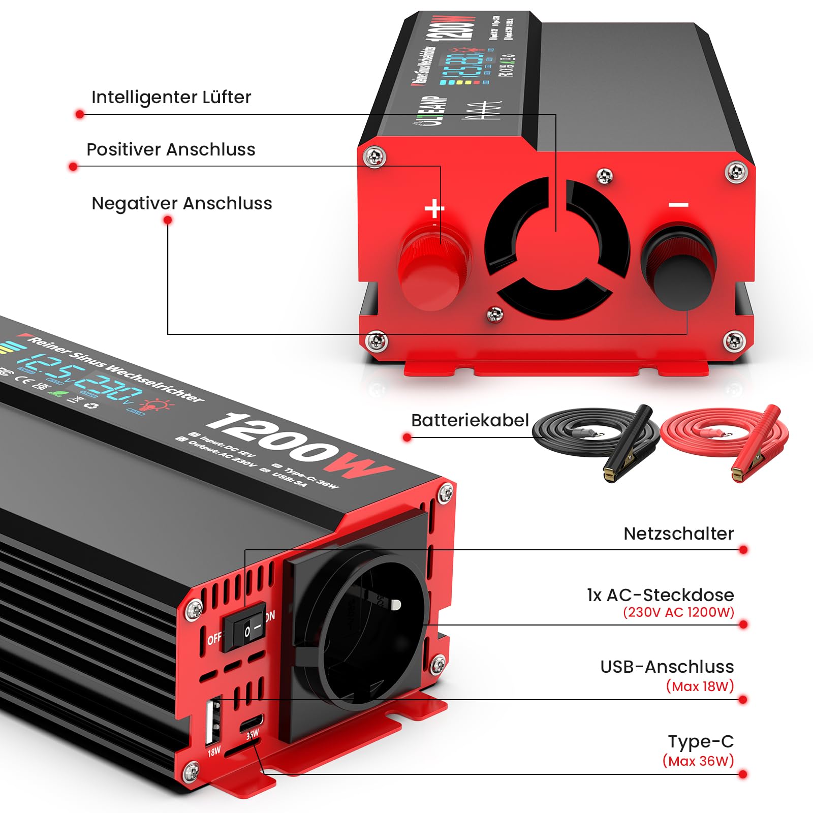 OLTEANP Wechselrichter 12V auf 230V Reiner Sinus,Spannungswandler 1200W Inverter mit LCD-Bildschirmanzeige, AC-Steckdosen, 36W Typ-C-Anschluss, 5V/3A USB-Anschluss für LKW,Zuhause,Fahrzeuge