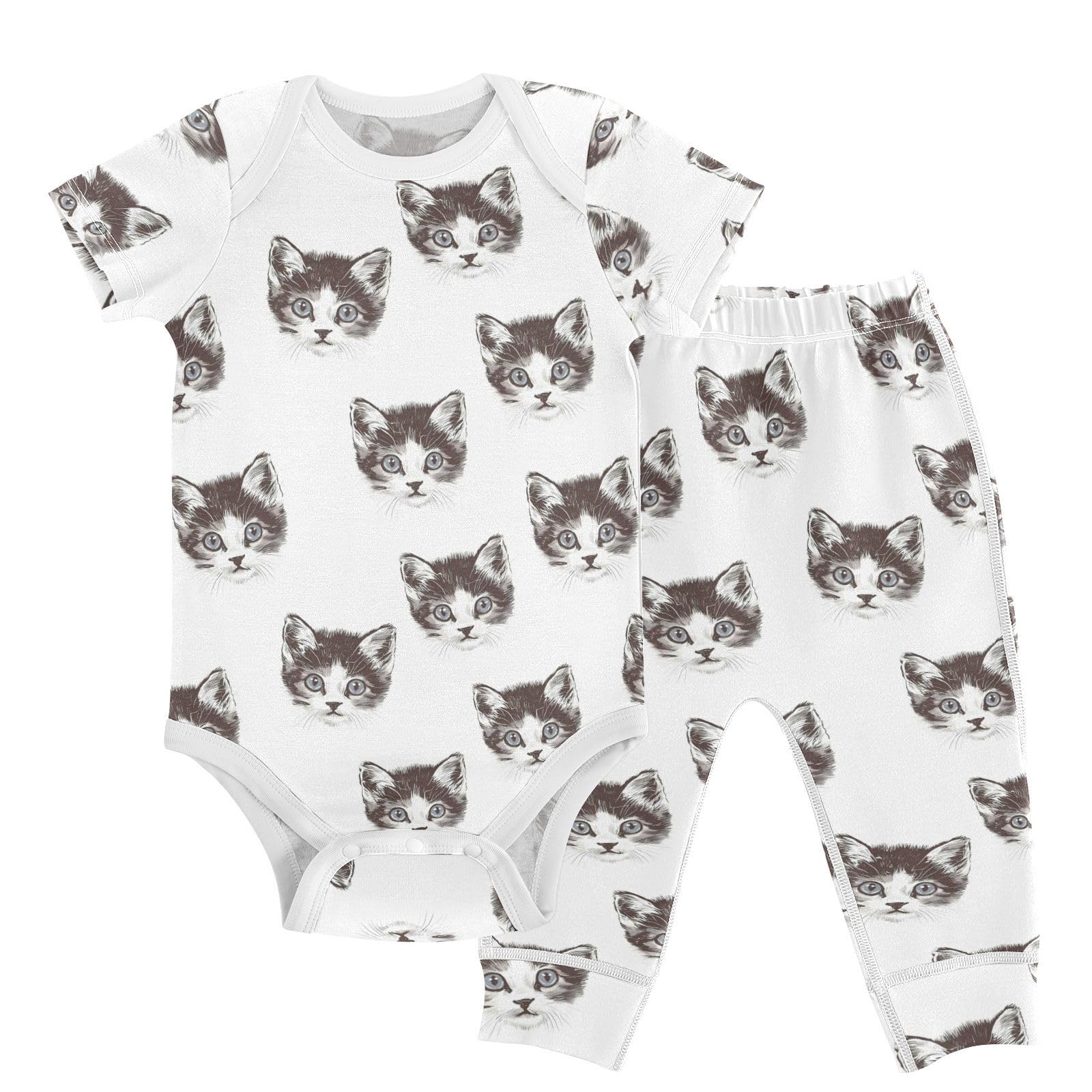 vvfelixl Retro Style Kitten Baby Layette Sets,Baby Bodysuits Set Unisex Short Sleeve Babys Pants Sets 9-12M
