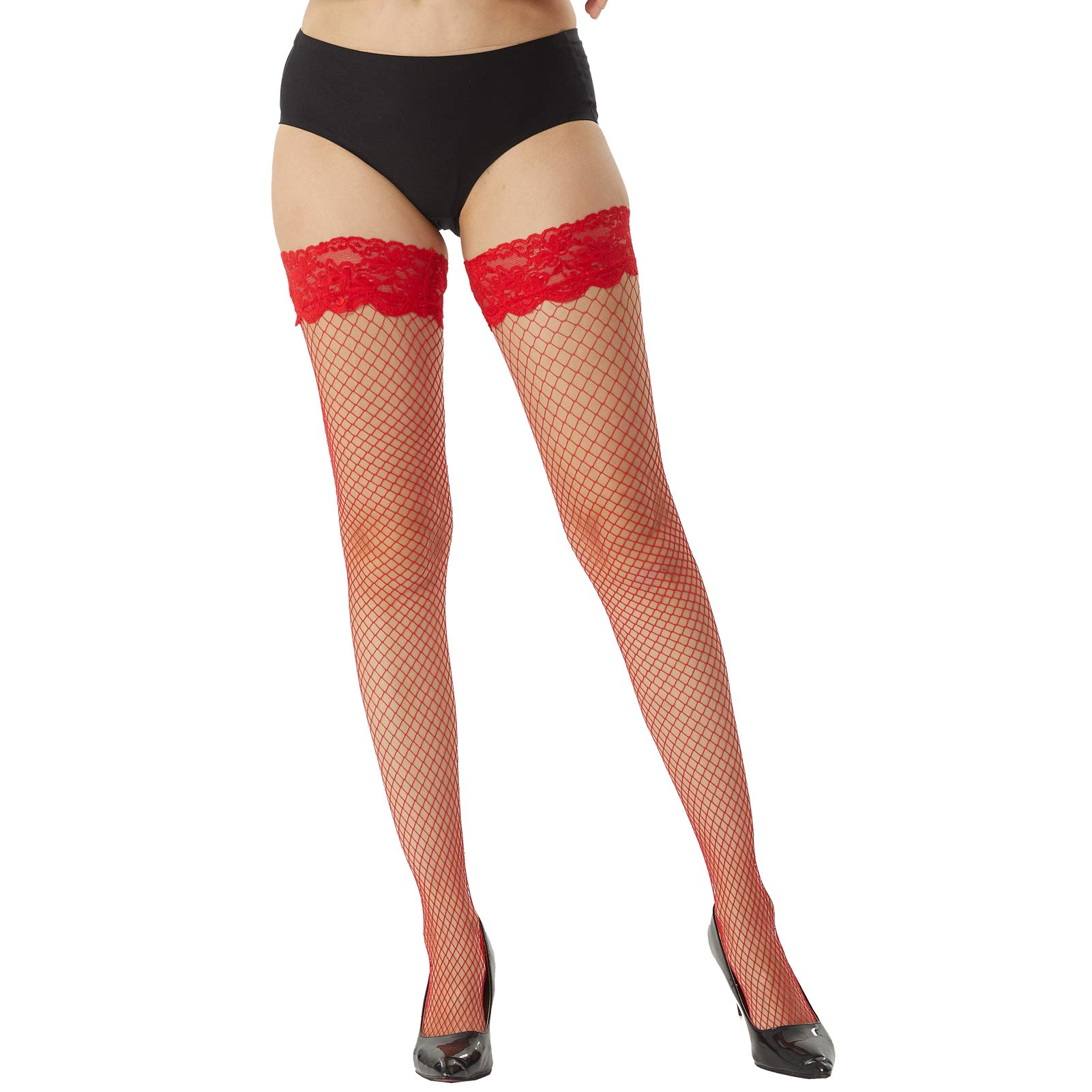 Manzi Women's Red Fishnet Hold Up Stockings - Lace Net Stockings Lingerie Sexy,,L