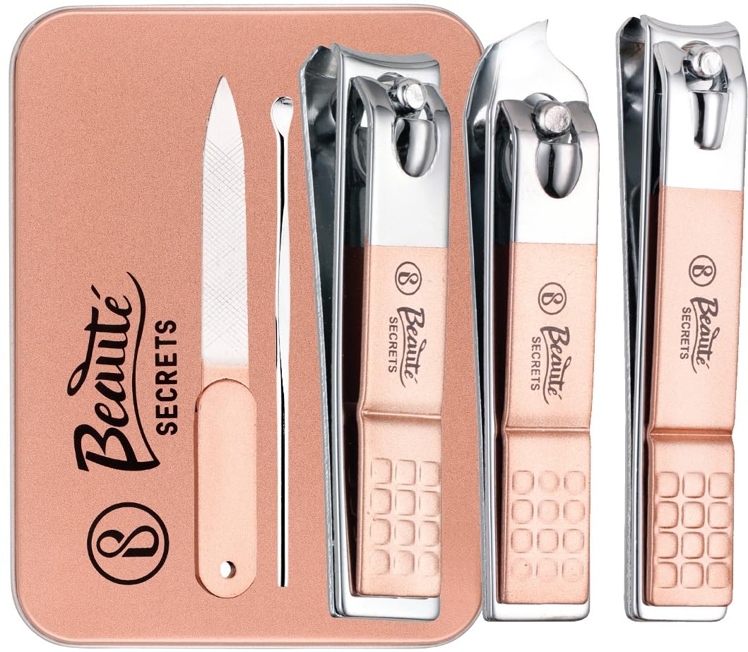 Beauté Secrets Nail Clippers – 5 Pcs Set Toenail Clipper, Fingernail Clipper & Nail File, Ear Cleaner, Nail Cutter Set with Metal Gift Tin Box for Men and Women (Peach)