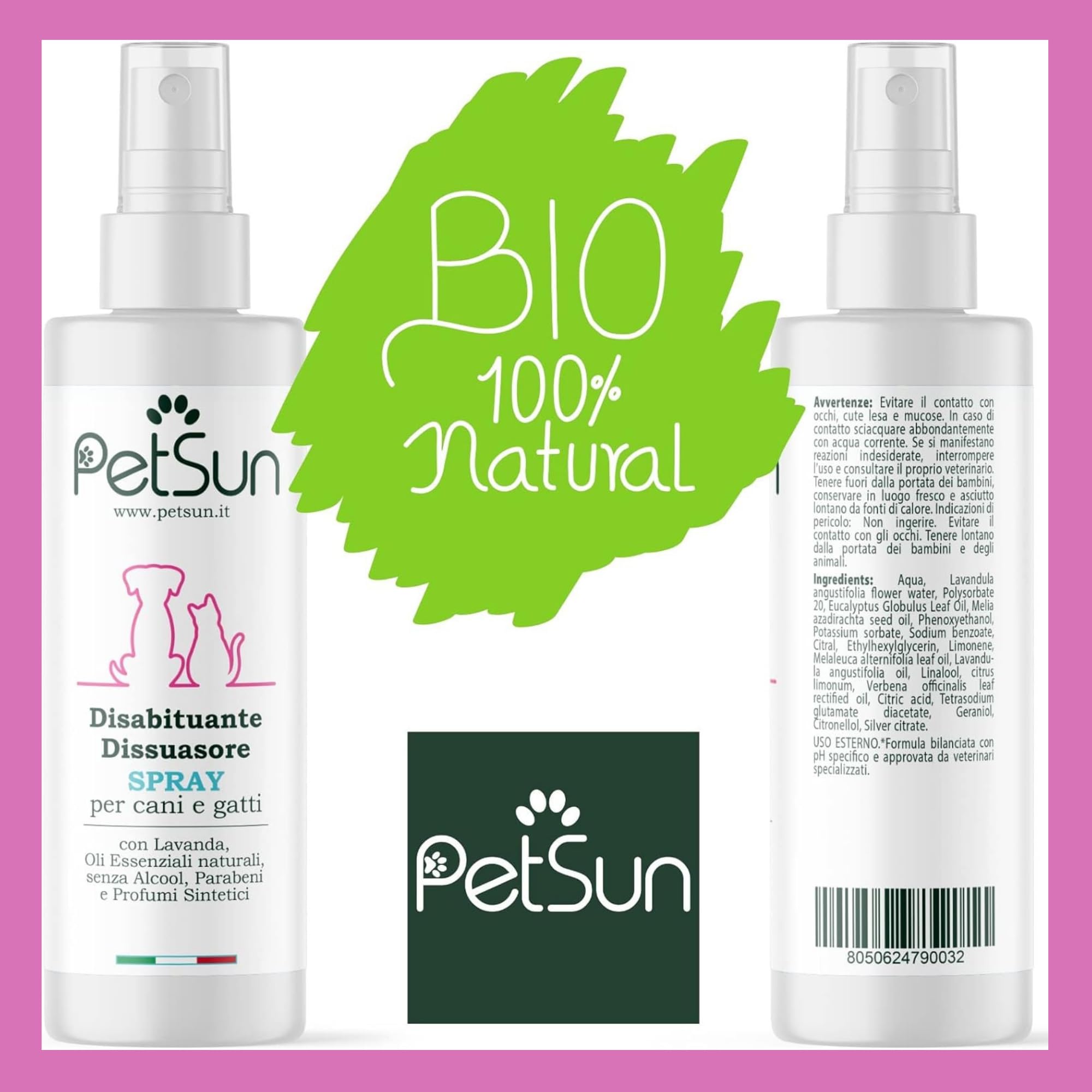 PetSun Disabituante per Cani e Gatti - Repellente - Spray Naturale - Anti Urina e Odori per Interni ed Esterni - 250 ml