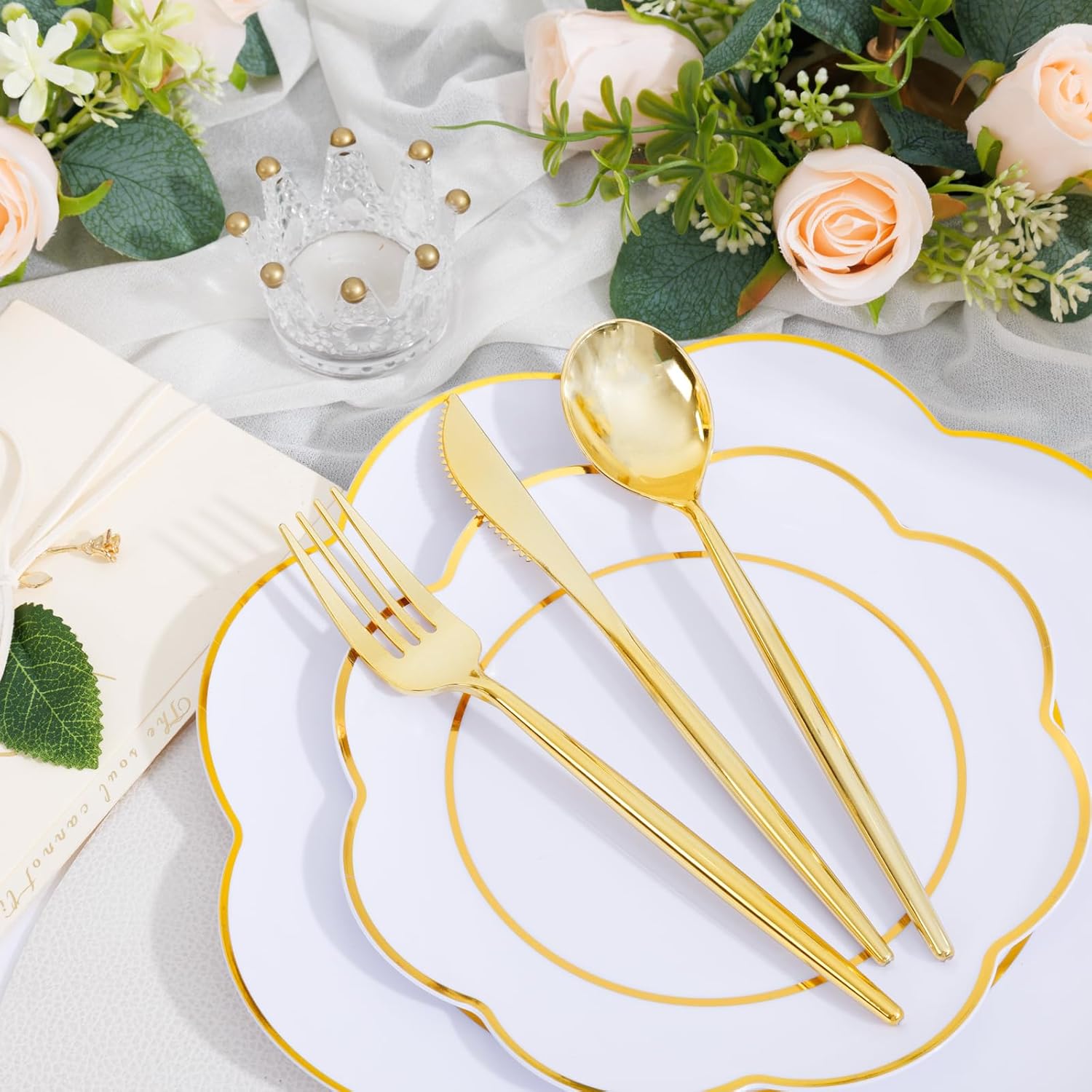 EI 180pcs White Plastic Plates with Gold Plastic Silverware,Heavy-Duty Disposable Plates for Party,White Dinnerware Set for 30 Guest Wedding,Afternoon Tea,Spring,Mother's/Valentine's Day