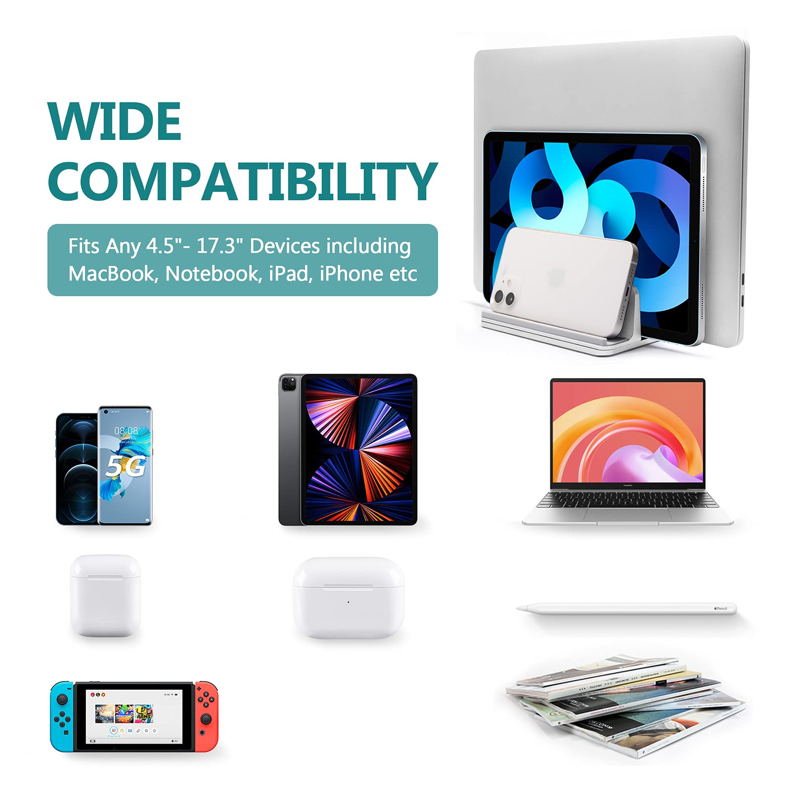 Supporto verticale doppio per laptop, regolabile in alluminio, con 2 slot per tutti i MacBook/Chromebook/Surface/Dell/iPad/Samsung/HP/Lenovo/Air e portatili da gioco fino a 17,5 pollici