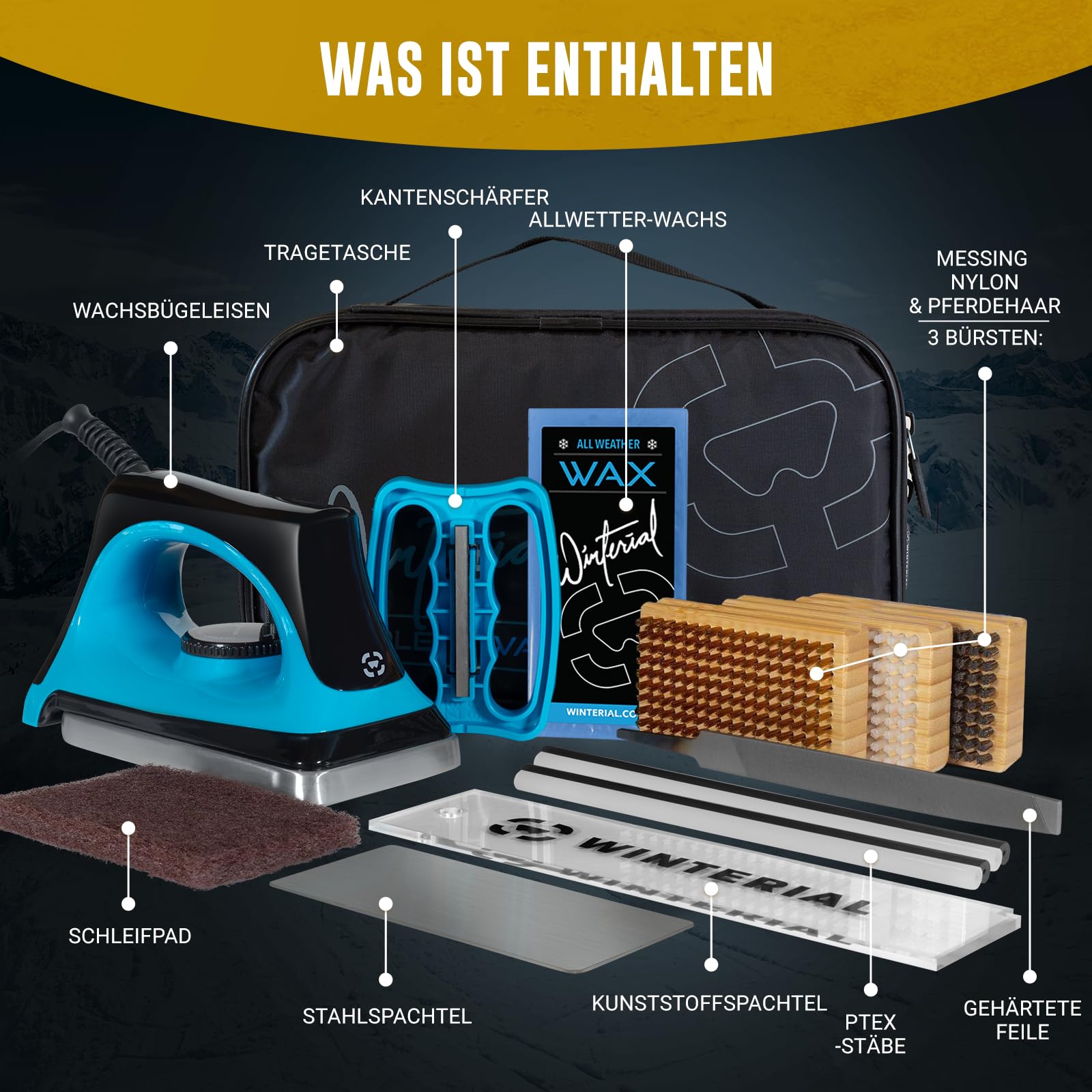 Winterial Skiwachs Set, Ski Wachs Komplettset, Ski Wax, Snowboard Wachs Set mit Wachseisen, Kantenschleifer, Allwetterwachs