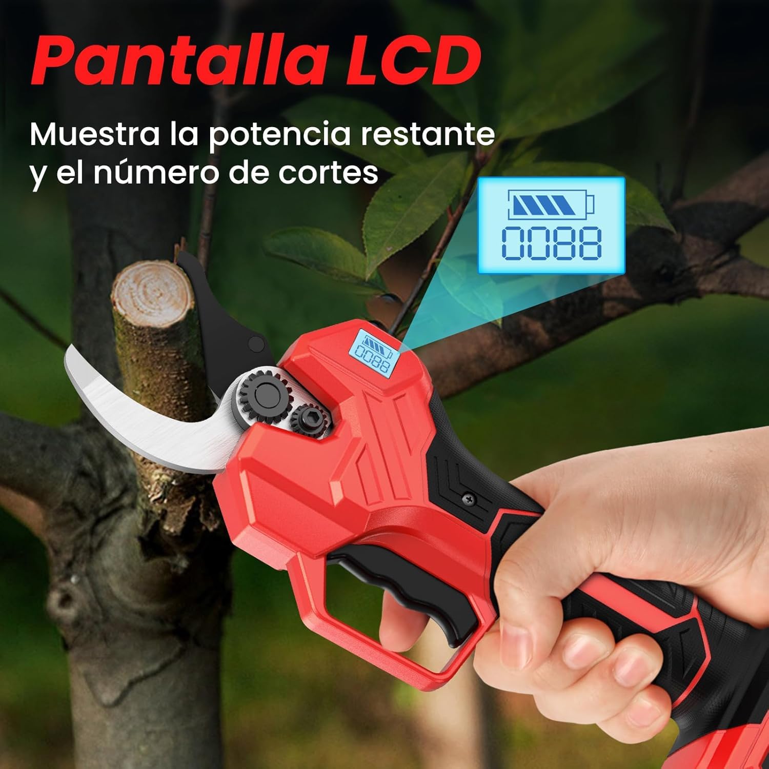 Tijeras de Podar Eléctricas 50mm con 2x21V 2000mAh Baterías, Pantalla LCD | 1000W Motor Sin Escobillas, Pantalla LCD, 4 Modos, 2x 2,0 Ah, 3000 + Cortes,Suspensión Auto,Regalo Papá para Poda de árboles