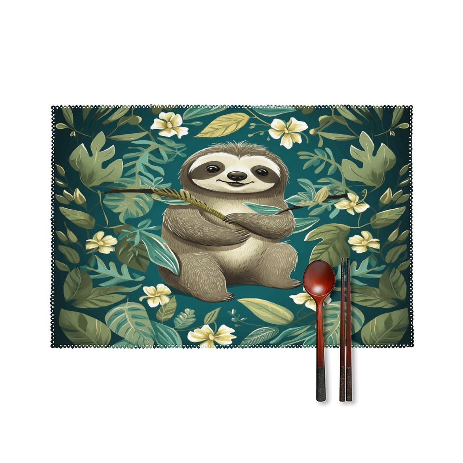 Adorable Sloth Placemats Set of 4 Non-Slip Heat Resistant Table Mats Canvas Washable Cloth Place Mats Easy to Clean Premium Placemat for Kitchen Dining Table Decoration