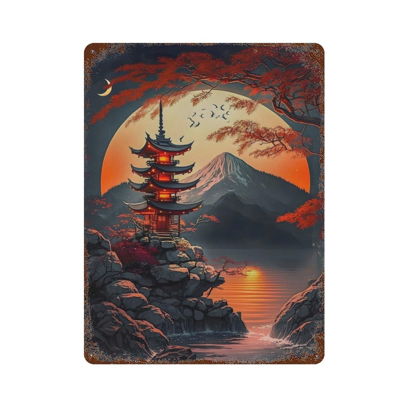 Moonlight Japan Vintage Wall Sign 15.7"x11.8", Rust Effect Metal Decor for Living Room, Hallway And Home Decor