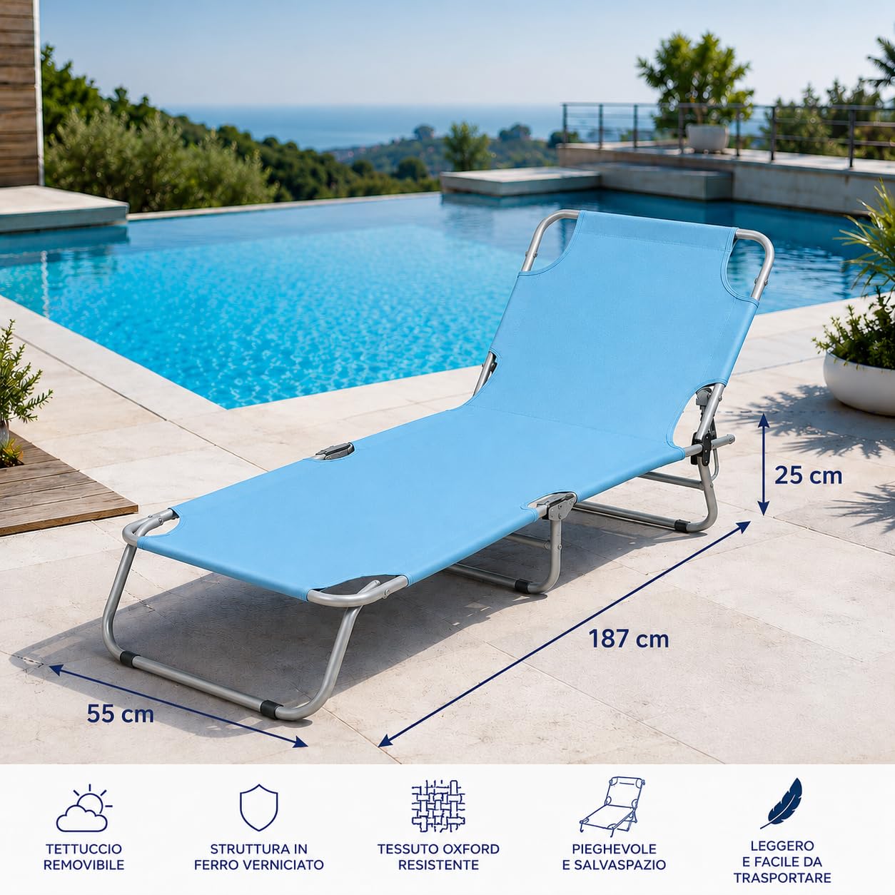 COGLIANESE CASA & RICAMBI Lettino Prendisole Azzurro (187 x 55 x 25,5 cm) - NESSUN MONTAGGIO - ANTIRUGGINE - Tessuto Oxford Traspirante e Antistrappo - Schienale Regolabile Su 5 Livelli