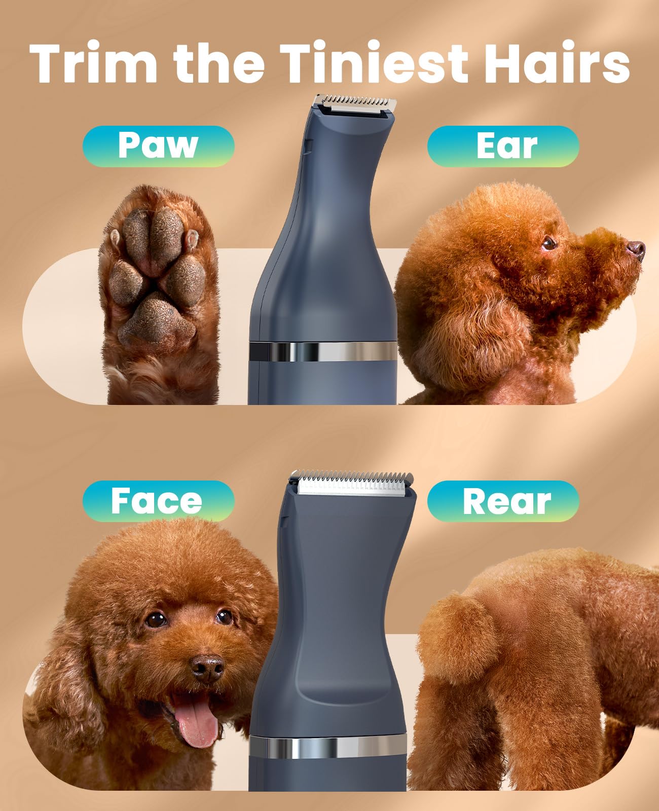 oneisall Tondeuse pour chien avec double lame, tondeuse sans fil pour petits animaux de compagnie, faible bruit pour couper les poils du chien autour des pattes, yeux, oreilles, visage, croupe