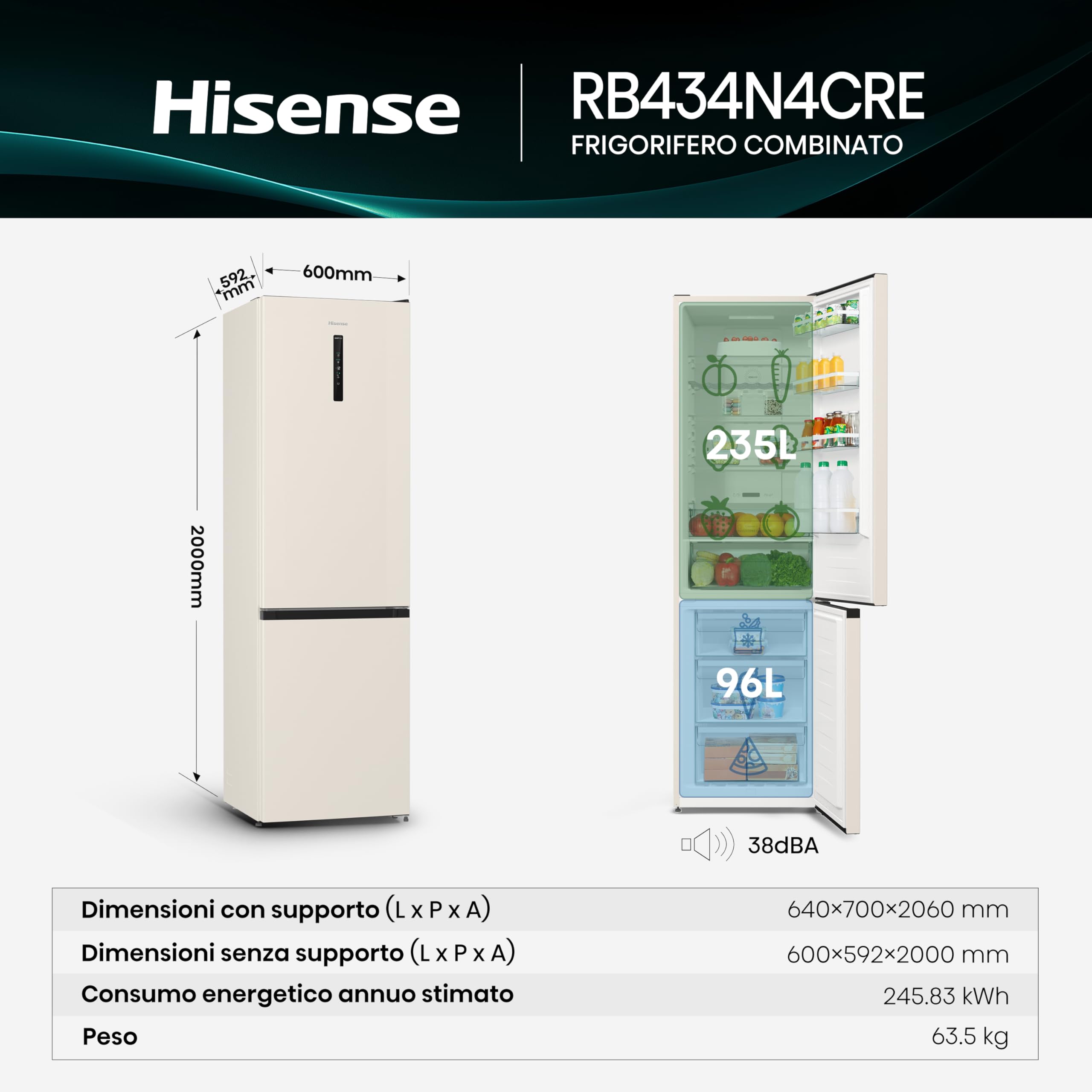 Refrigeratore Combinato Hisense RB434N4CRE No Frost Beige - Dettaglio