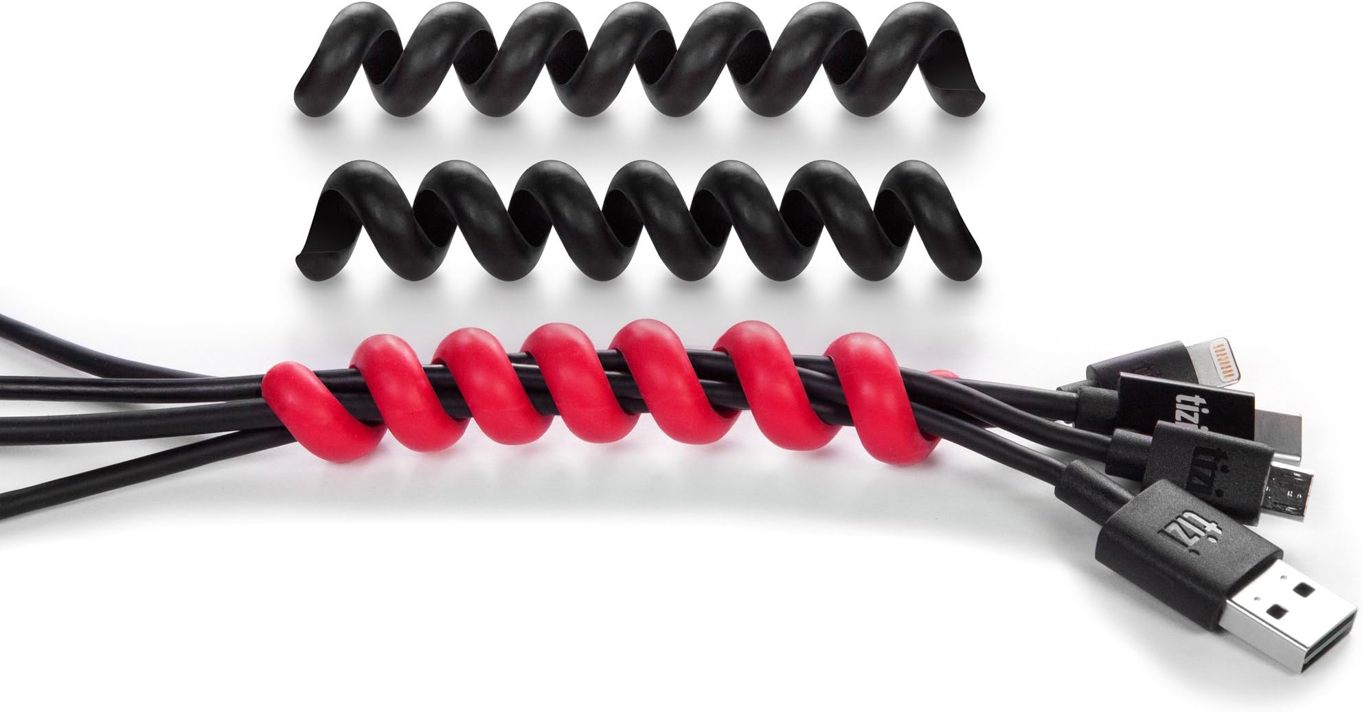 equinux tizi Knubbi Löckchen: 3 cable ties (2x black, 1x red). Spiral-style alternative. Made of anti-slip PVC for secure cable organization. Organizes charging cables, headphones, etc.