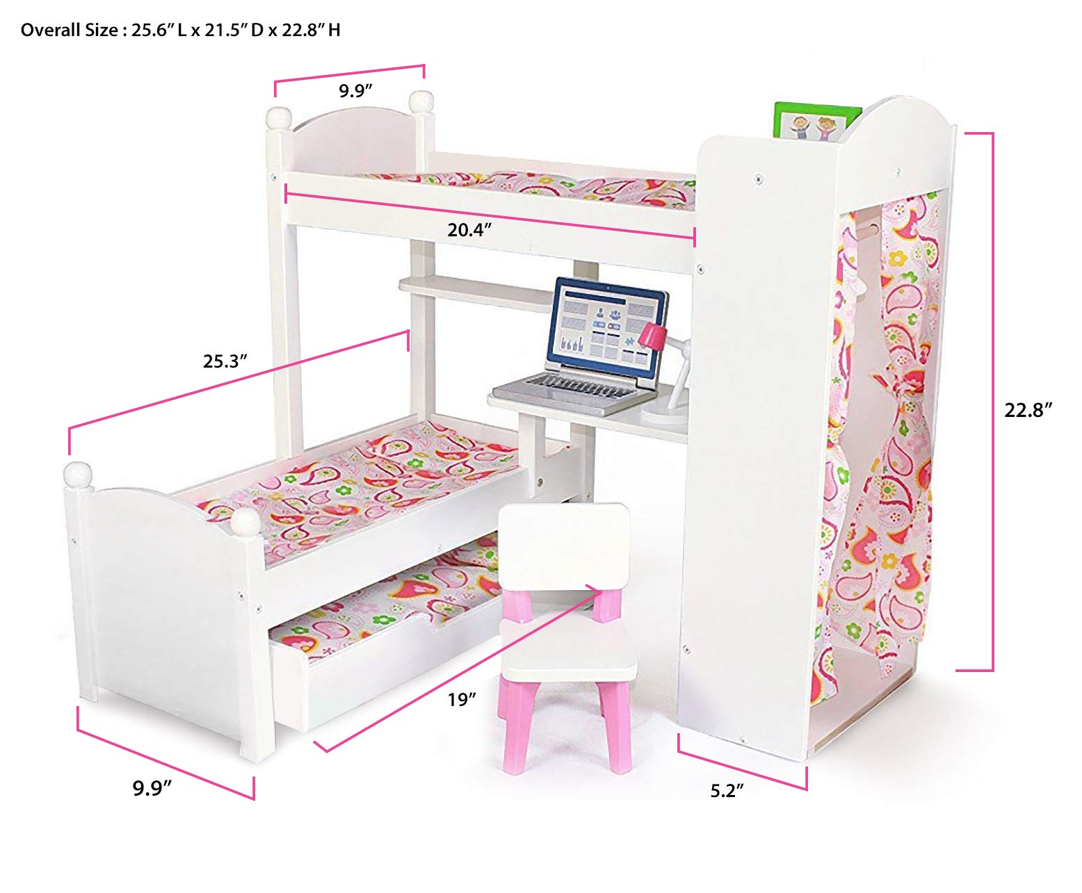 Playtime by Eimmie Bunk Bed and Trundle Bed Set 18 Inch Doll Bunk Bed