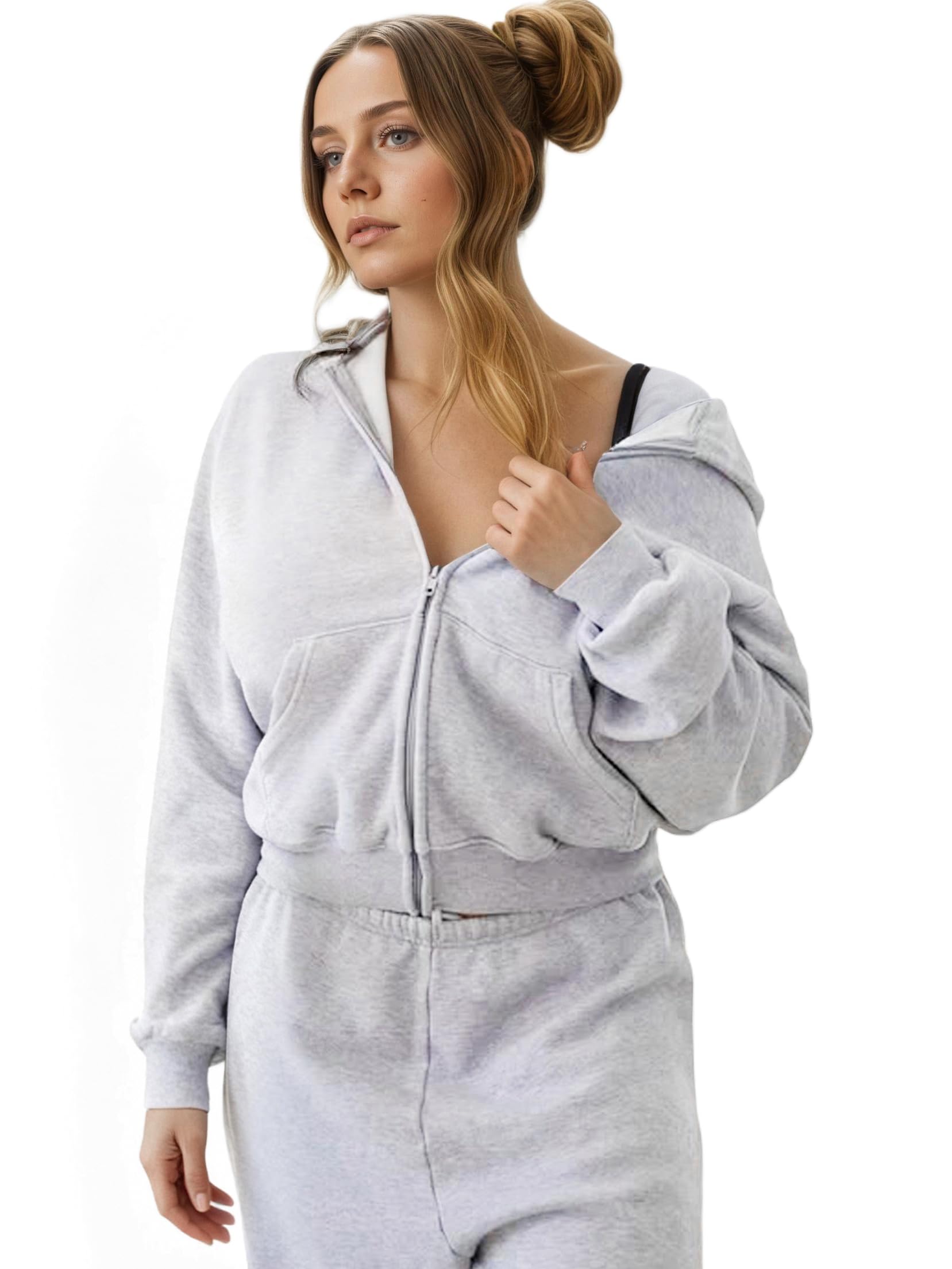 Abonlen Zip Up Hoodies for Women Fleece Jacket with Pockets Casual Sweatshirts Comfy Fall Coats, Light Gray, Small