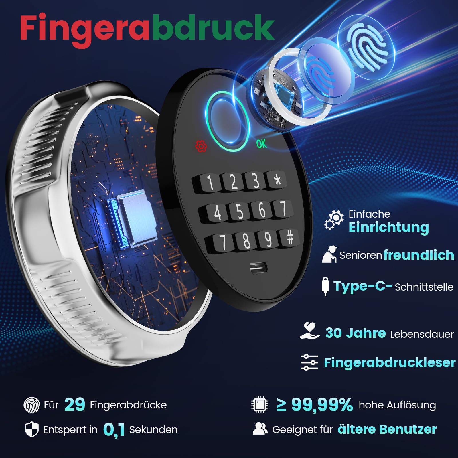 Tiskgg Fingerabdruck Tresor für Zuhause mit Feuerfester Tasche, 25L Safe Tresor Fingerabdruck mit Abnehmbares Regal und Dualer Alarmmodus, Digitaler Möbeltresor für Geld Medikamente Dokumente