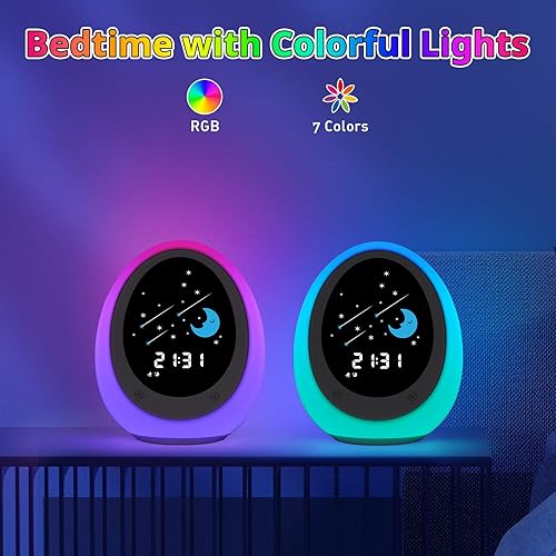 Miniatura 5 de BUTTING Reloj despertador para niños, reloj de entrenamiento para dormir con sol y luna, máquina de sonido, luz nocturna, reloj despertador para