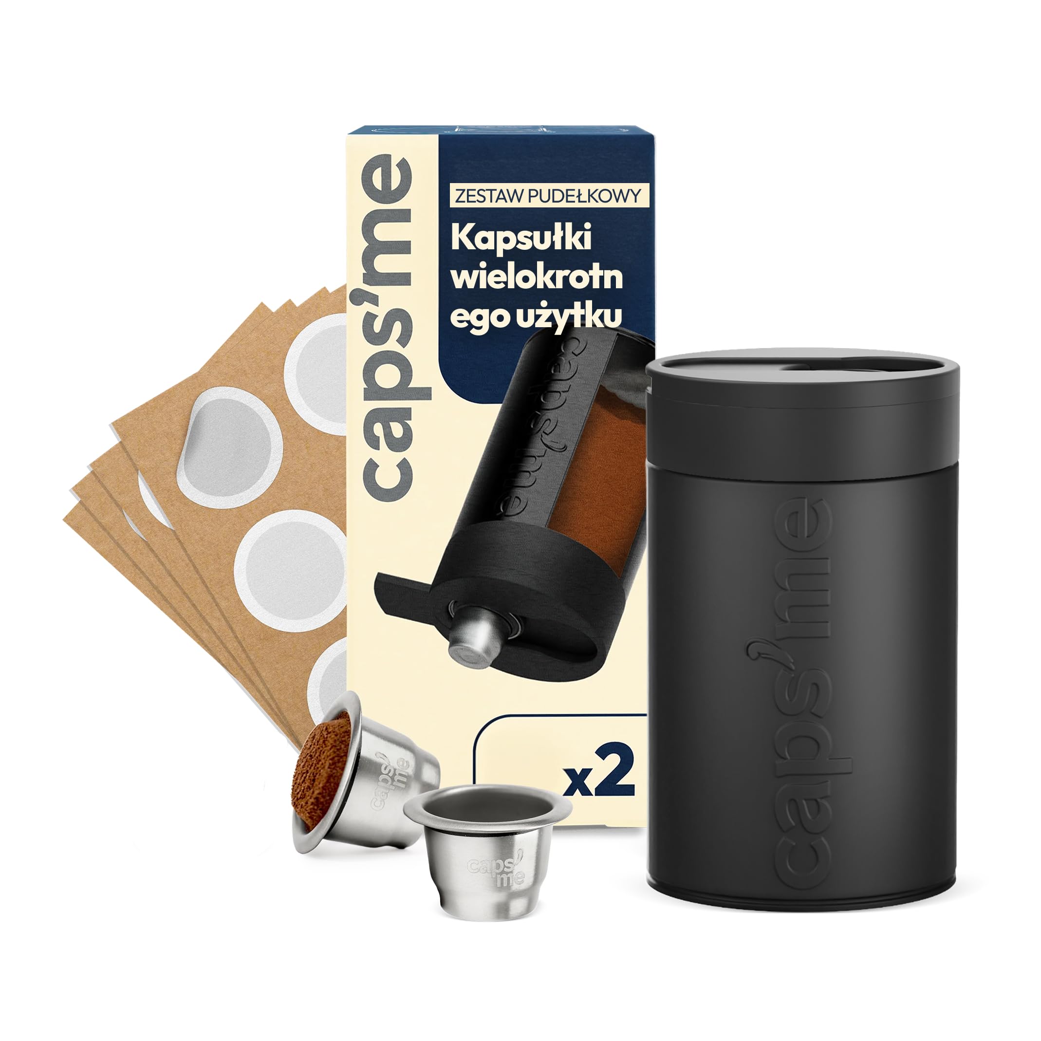 CAPSME - Zestaw kapsułek wielokrotnego użytku, kompatybilny z Nespresso Original, (2 kapsułki ze stali nierdzewnej + 48 papierowych wieczek)