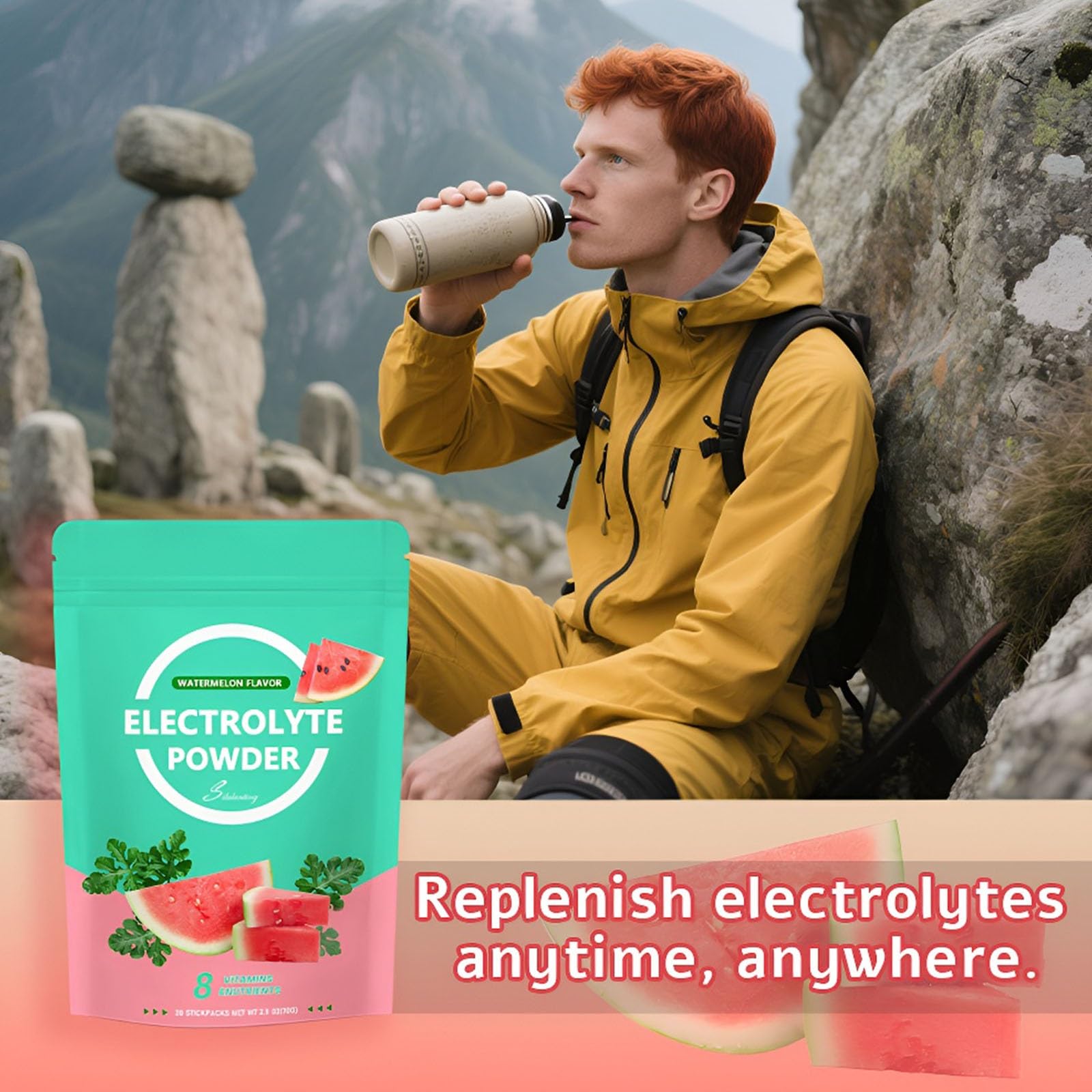 Polvo De Electrolitos De Sandía, Mezcla De Hidratación Energizante, Bebida Deportiva De Disolución Instantánea(3PC)