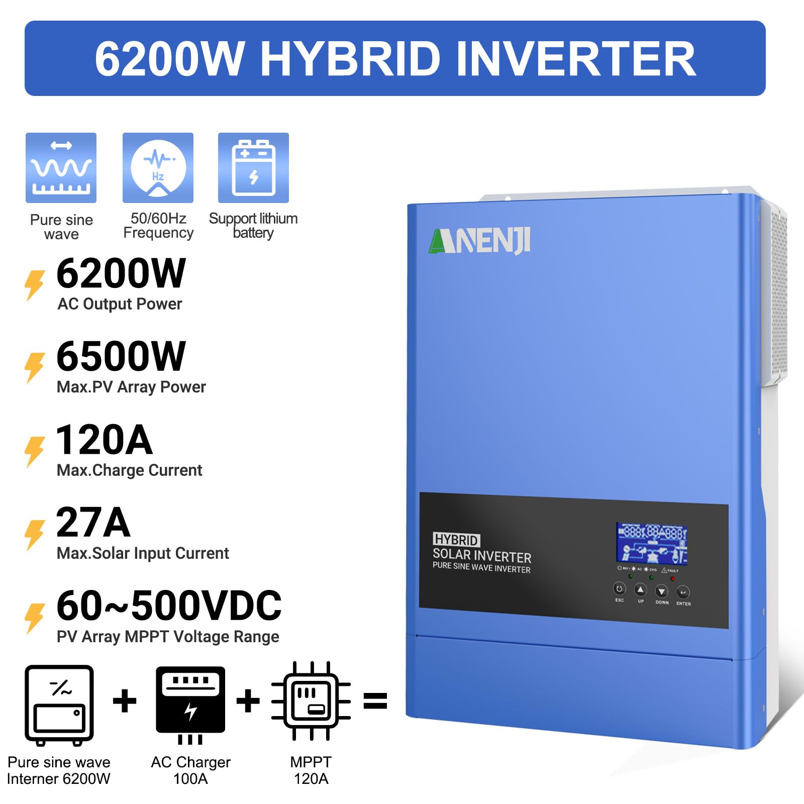 6200W Solar Hybrid Wechselrichter 48VDC zu 230VAC Reiner Sinus Wechselrichter mit 120A MPPT Solarladeregler, Max PV-Eingangsspannung 500V, für 48V Lithium Batterien,mit WiFi-Modul