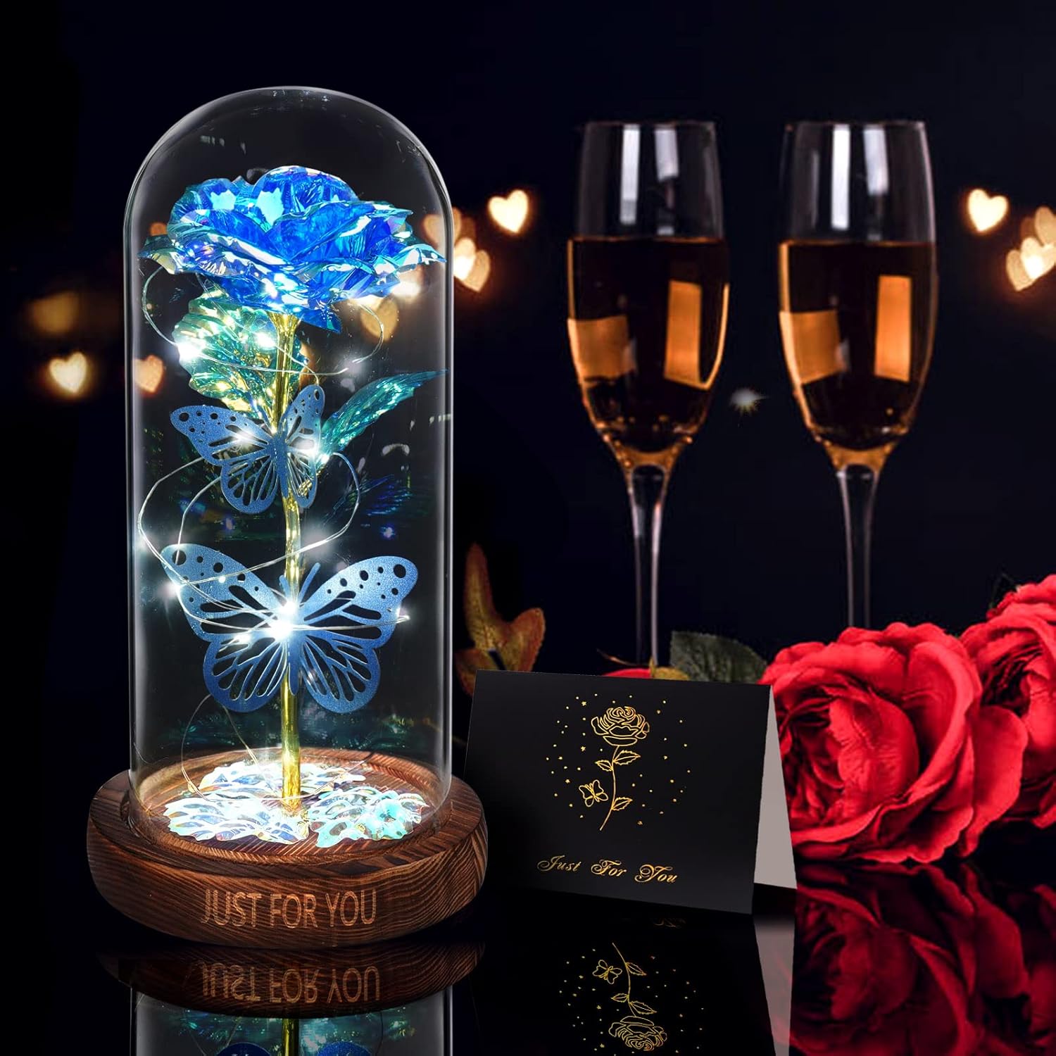 WOKEISE Valentines Day Gifts for Her, Light Up Rose Butterfly in Glass Dome, Birthday Anniversary Flower Lighted Roses Gifts for Women,Wife,Mom,Grandma,Girlfriend,Girls,Sister, Blue - Image 7