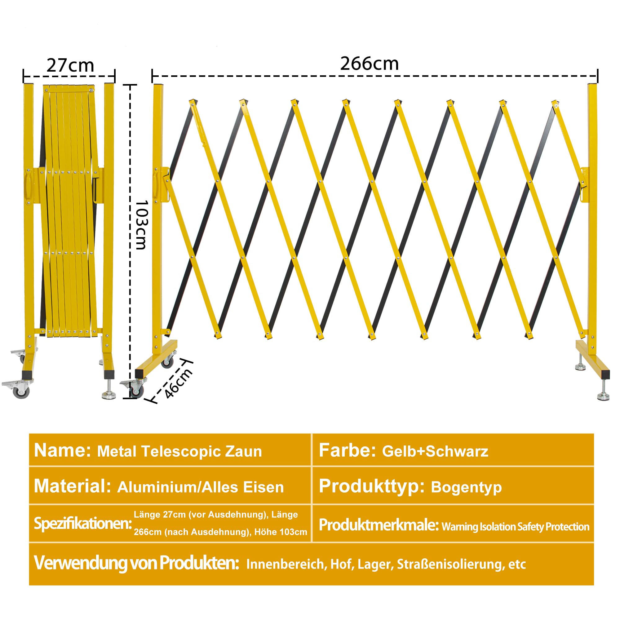 OUTMEE Griglia di barriera estensibile, griglia di chiusura a forbice, 270x120 cm, estraibile, per cantieri, stazione, scuola/garage, recinto a fisarmonica