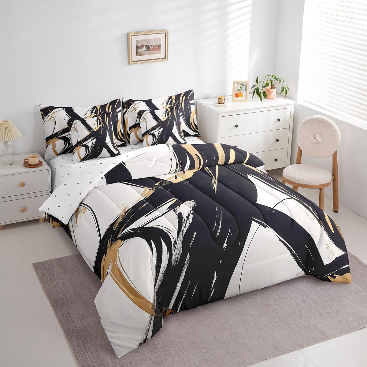 Feelyou Black Gold Abstract Art Line 7 Piece Bedding Set King Size Modern Geometric Print Comforter Set with Sheets for Kids Boys Girls Bedroom Decor Minimalist Ink Line Bed in a Bag Soft Bed Set
