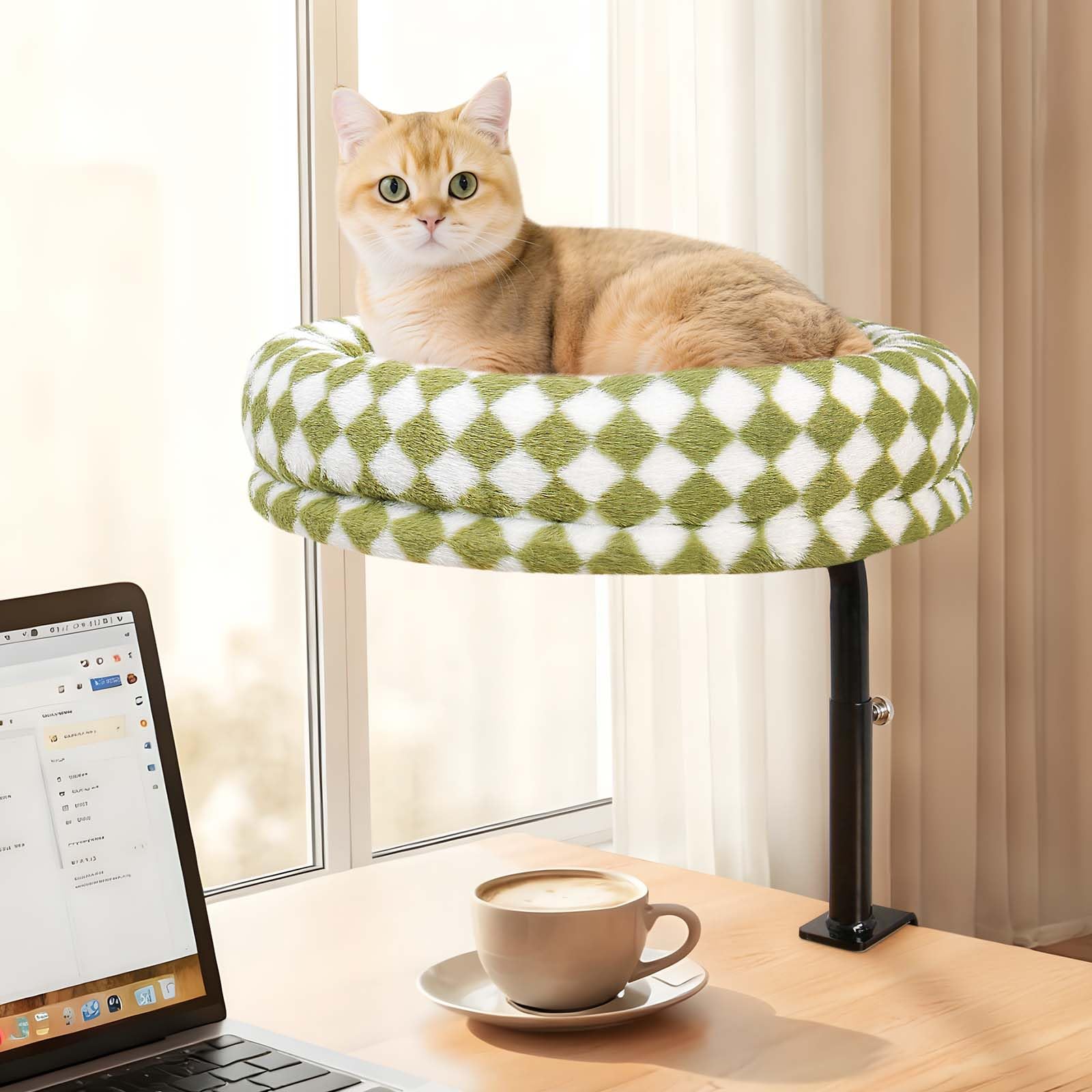 GUUSII HOME Cama Gato de Escritorio Giratorio 360° y Altura Ajustable Camas Hamaca para Gatos hasta 18kg Fácil Montaje Percha Asiento Gatitos Sin Perforaciones Lavable a Máquina Cat Desk Bed（Verde）