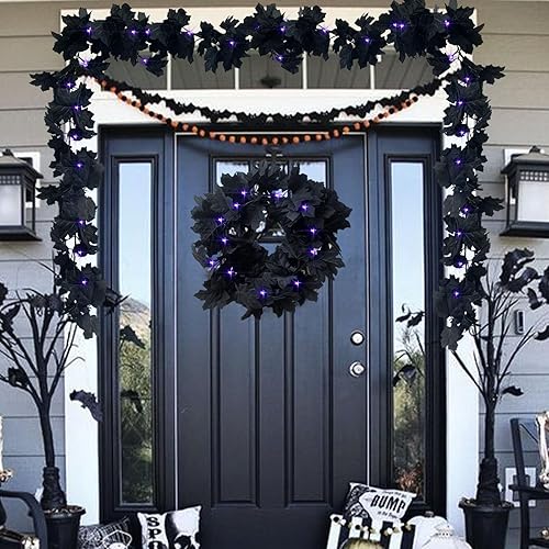 Miniatura 5 de Guirnalda de hojas negras con luces de decoración de Halloween, 5.7 pies, 20 luces LED de hojas de arce con luz, decoración de otoño para el hogar,