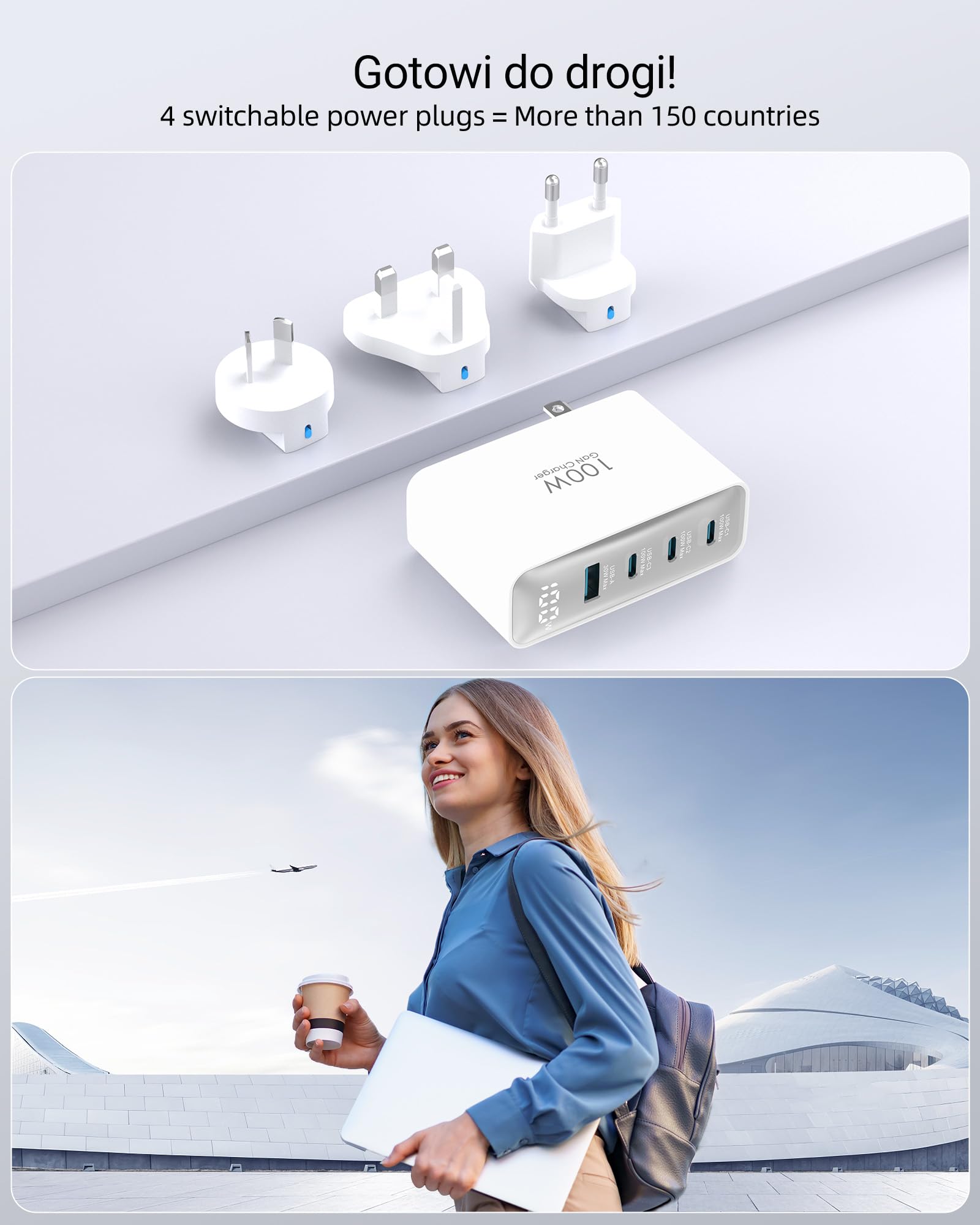 Ładowarka podróżna USB C 100W, składana 4-portowa ładowarka ścienna z wtyczkami UK/EU/AU, szybkie ładowanie dla MacBook Pro/Air, do iPad Pro, do iPhone 15/14 Pro Max, dla Galaxy 45 W, Biały