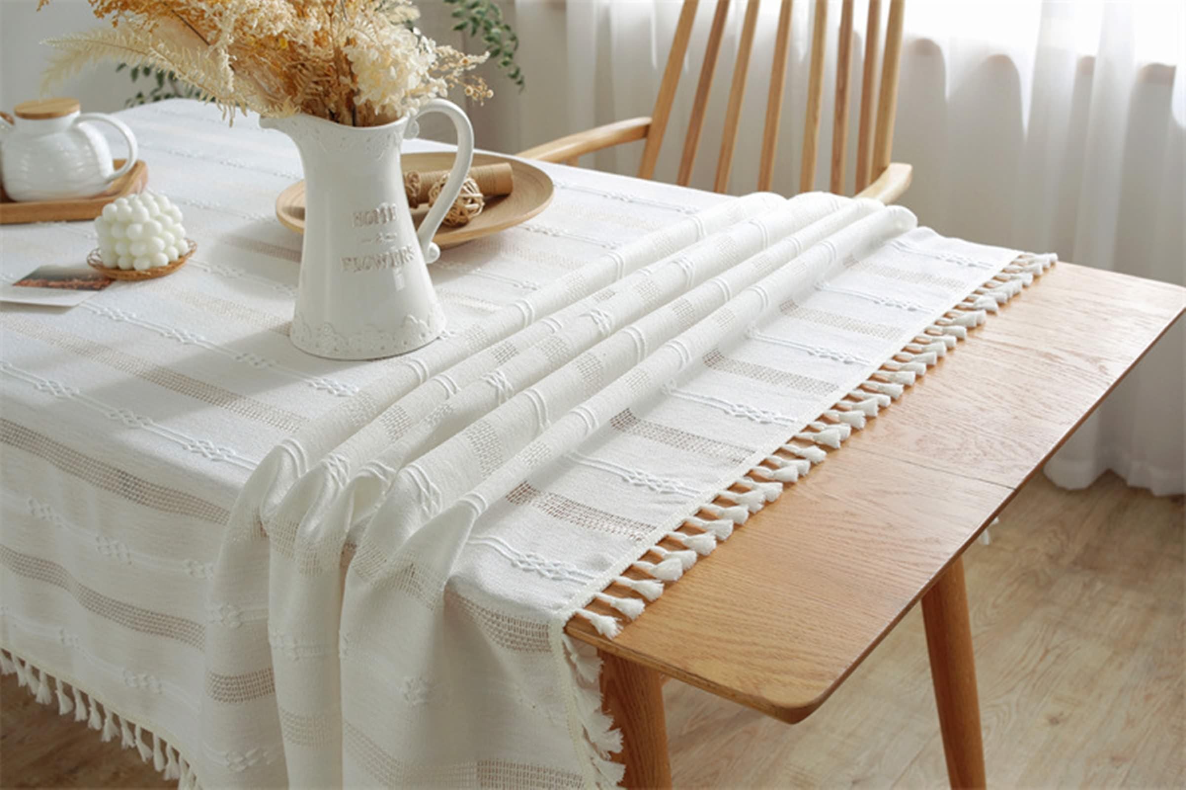 Tovaglia Decorativa Rettangolare, Tovaglie 140 x 260 cm Strisce all'uncinetto in Poliestere Copritavolo per Tavolo da Pranzo, Cucina, Festa CompleannoBianco crema