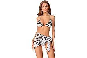 Women's 3 Piece Bikini Set with Cow Print and Beach Skirt