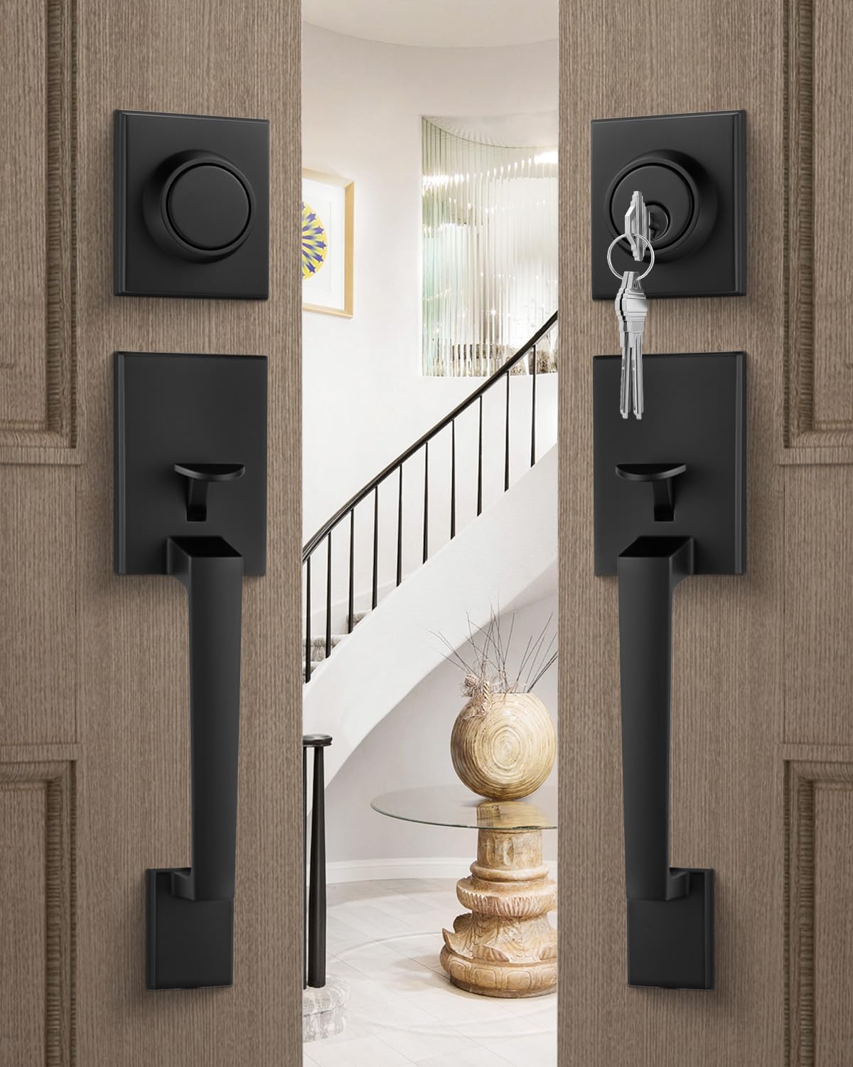 Goldenwarm Double Front Door Lock Set, Black Double Door Handle Set, Matte Black Double Door Handle with Dummy, Modern Double Front Door Hardware Set with Reversible Handle Lever