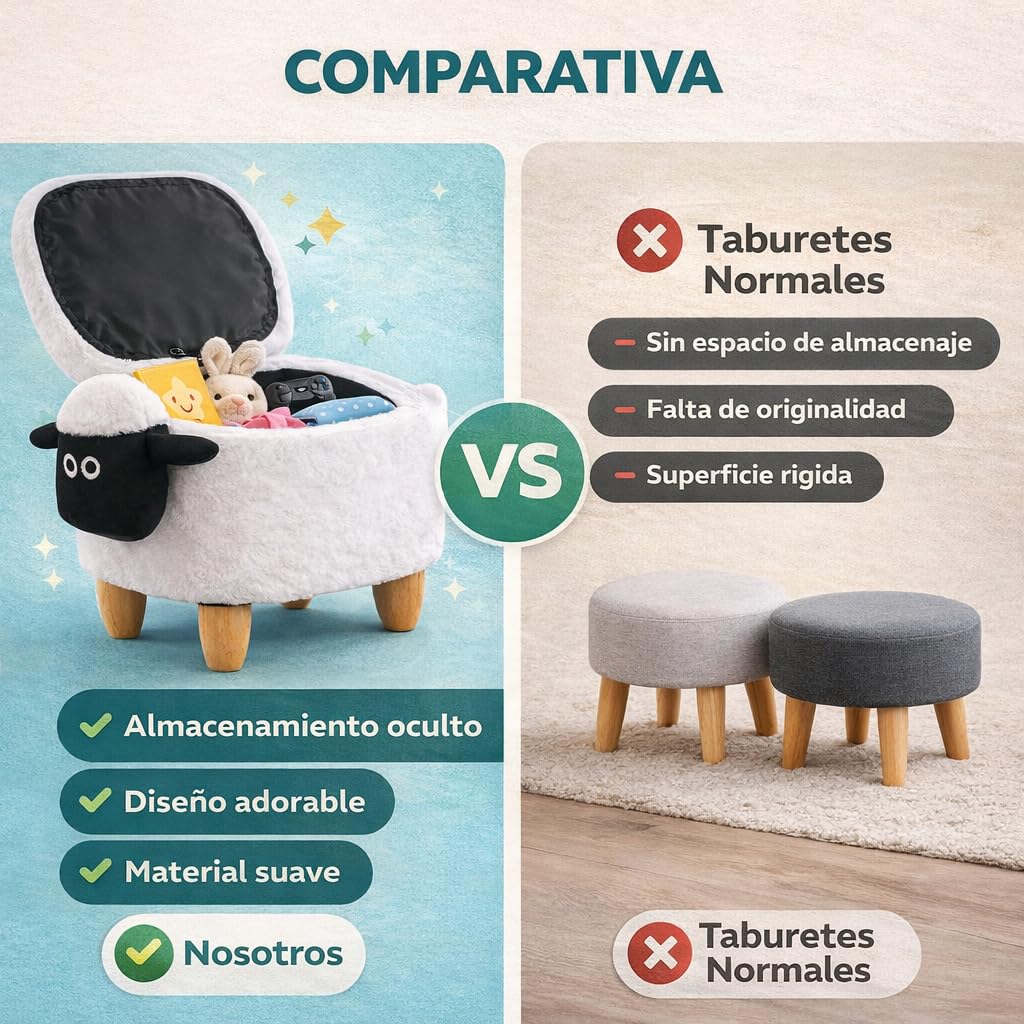 TIENDA EURASIA – Banco Puff con Almacenaje Diseño Oveja | Tapa Abatible | 63x35x37 cm | Estructura de Madera | Puff Decorativo para Dormitorio y Salón