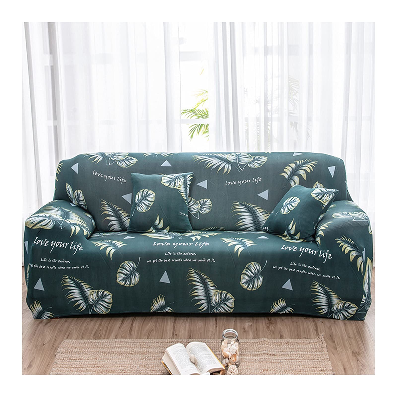 Housse de canapé 4 places extensible 235-310cm motif feuille nordique
