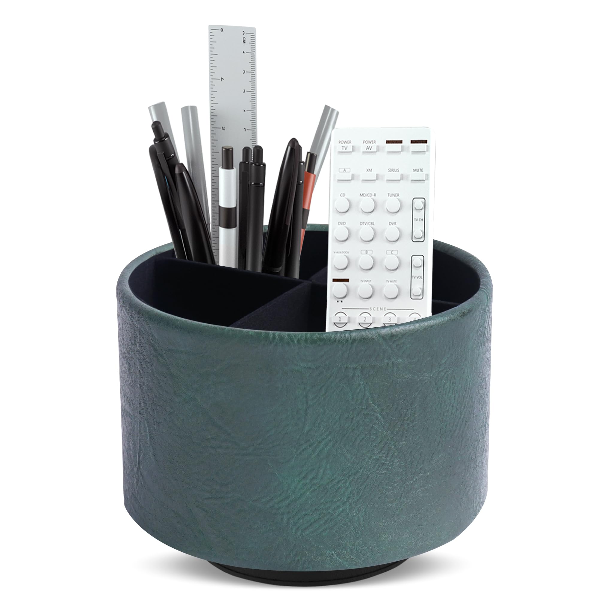 Mtzmy Round Leather Art Supply Organizer,Remote Control Holder,360 Degree Spinning,Multi-Functional Pencil Holder,4 Compartments Desktop Stationary Organizer(1-Crazy Green)