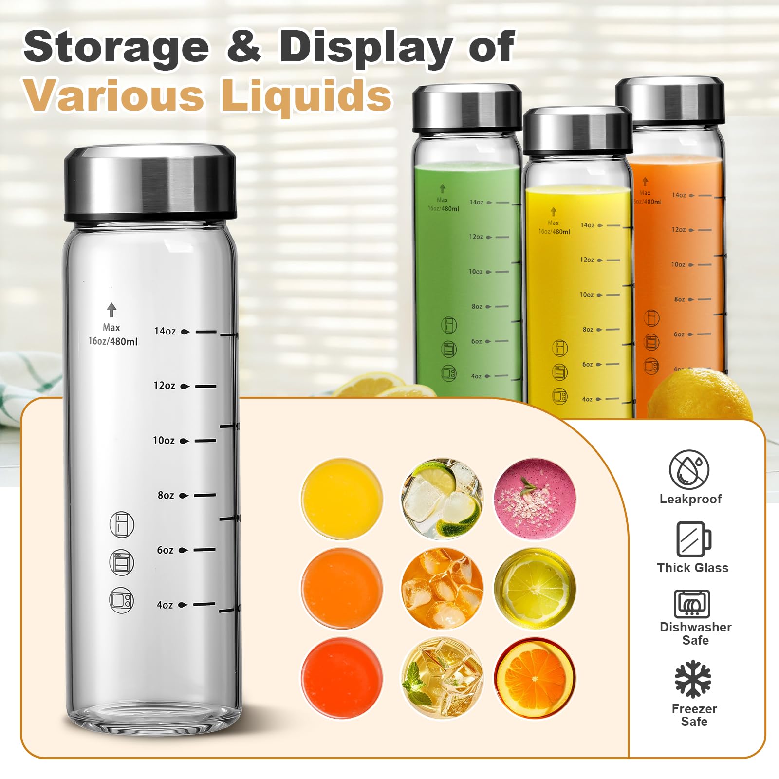 SIEROZUR Glass Juice Bottles 16oz- 6 Pack Wide Mouth Glass Bottles with Lids for Juicing Smoothies, Infused Water, Beverage Storage - BPA Free, Leakproof, Reusable, Borosilicate
