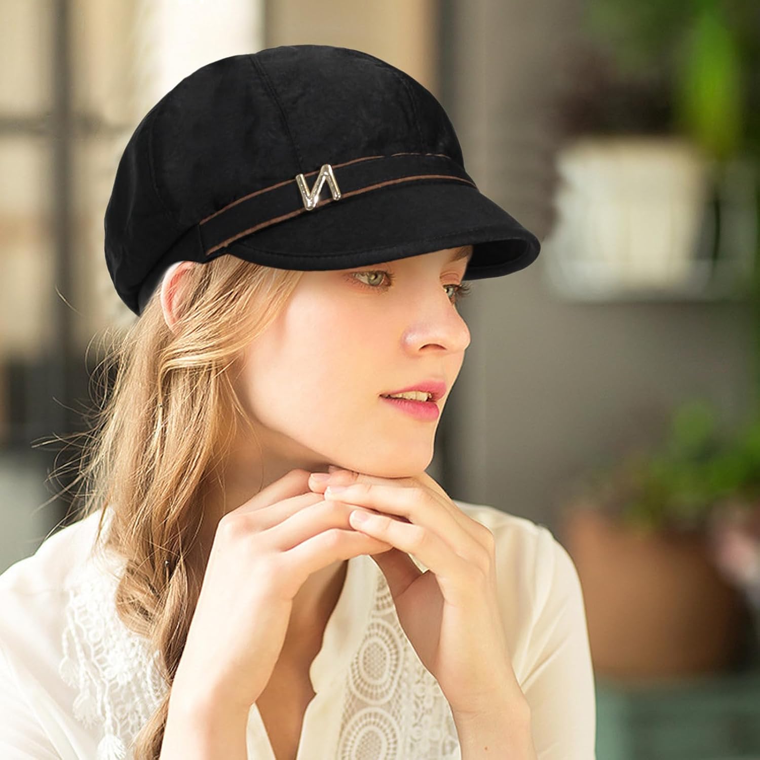 Women Retro Classic Visor Newsboy Cabbie Cap Beret Hats with Flower Buckle for Woman Ladies - Image 5
