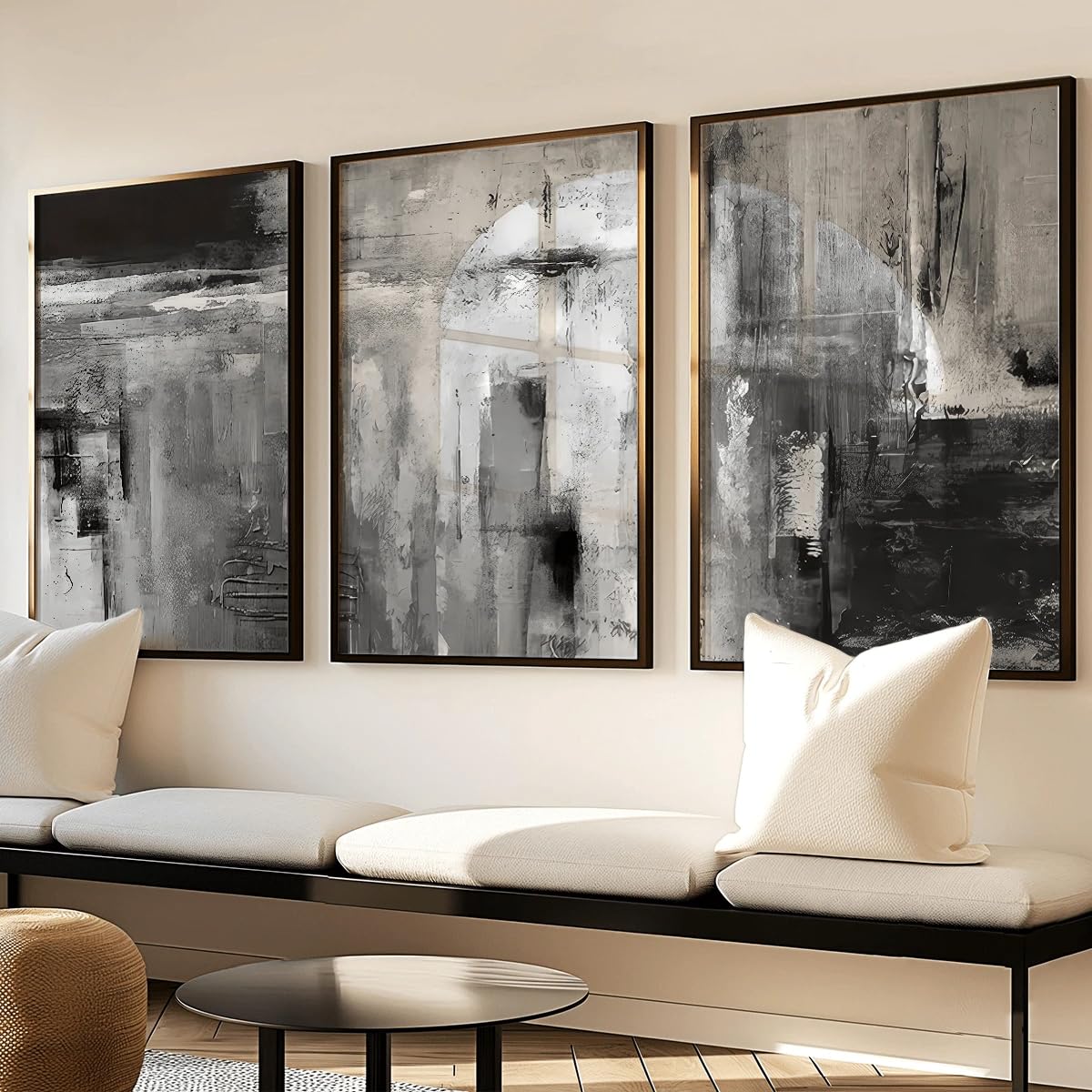 UUDEZO Modernes 3-teiliges Set abstrakter Kunstdrucke in Schwarz-Weiß, Wandposter, Raumdekoration (60 x 120 cm (24 x 47 Zoll), schwarzer Rahmen)