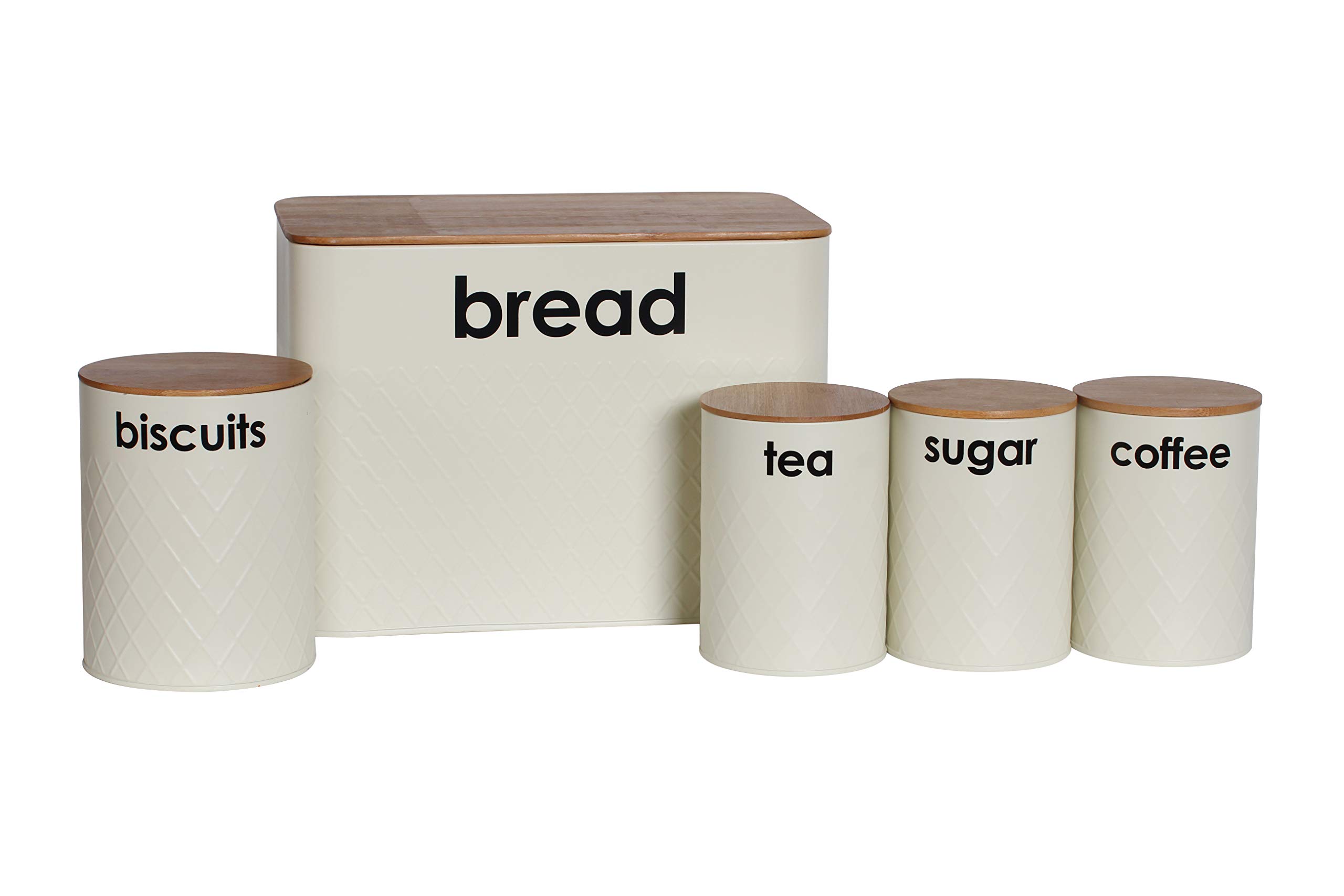 Denny International Cream 5Pc Kitchen Storage Set With Airtight Bamboo Lids Includes Tea Coffee Sugar With Matching Biscuit Barrel Canister Jar & Bread Bin By Crystals® (Cream)